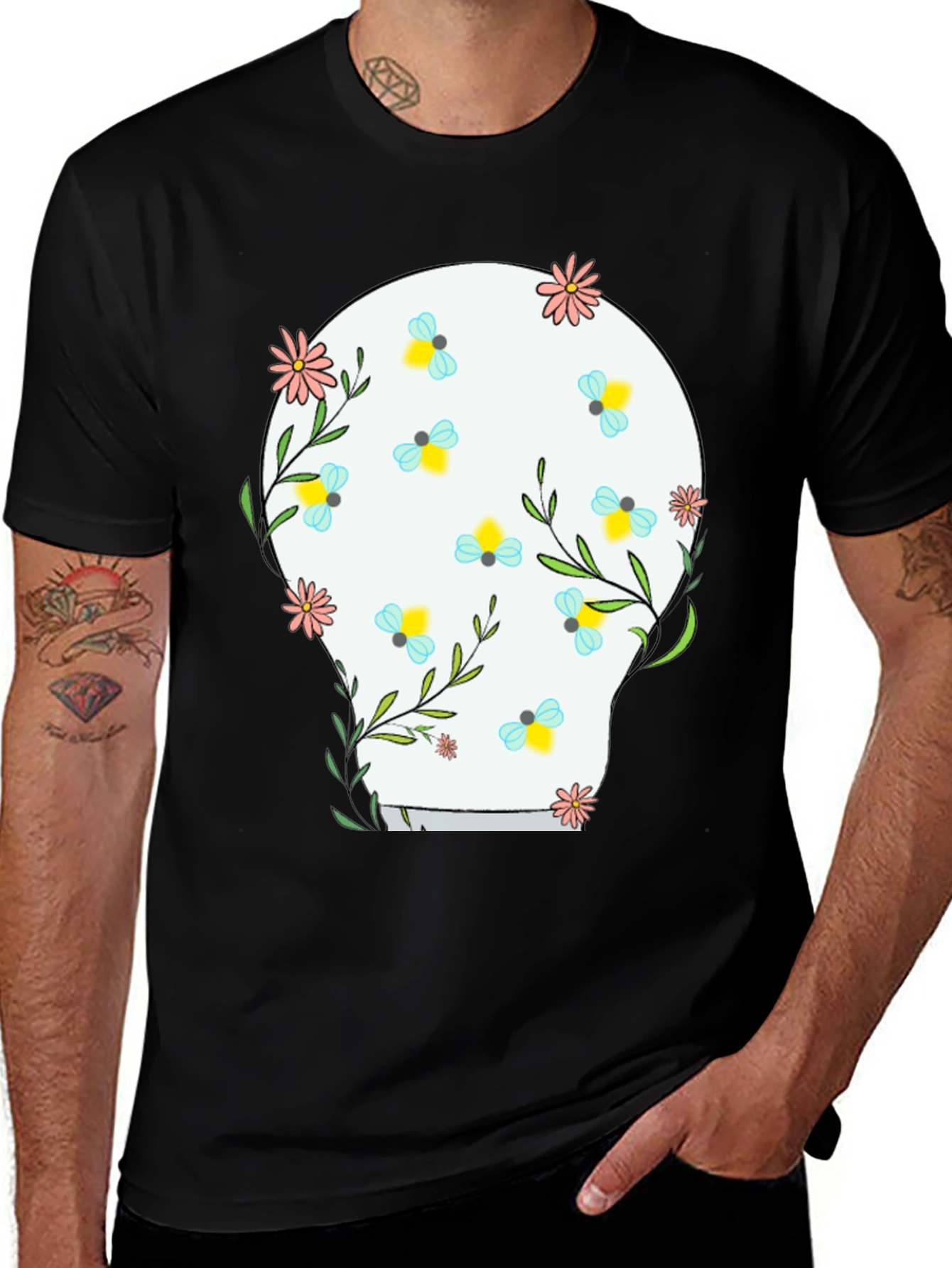 Variant 16 of Floral Skull Graphic Tee - Black