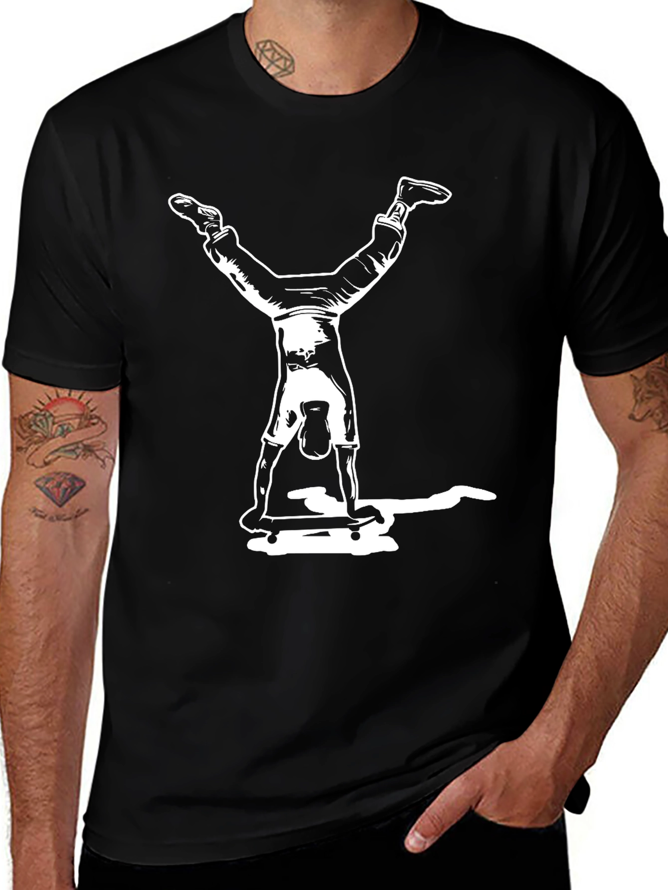 Black Skateboard Handstand Graphic Tee - Black Cotton Casual T-Shirt main image