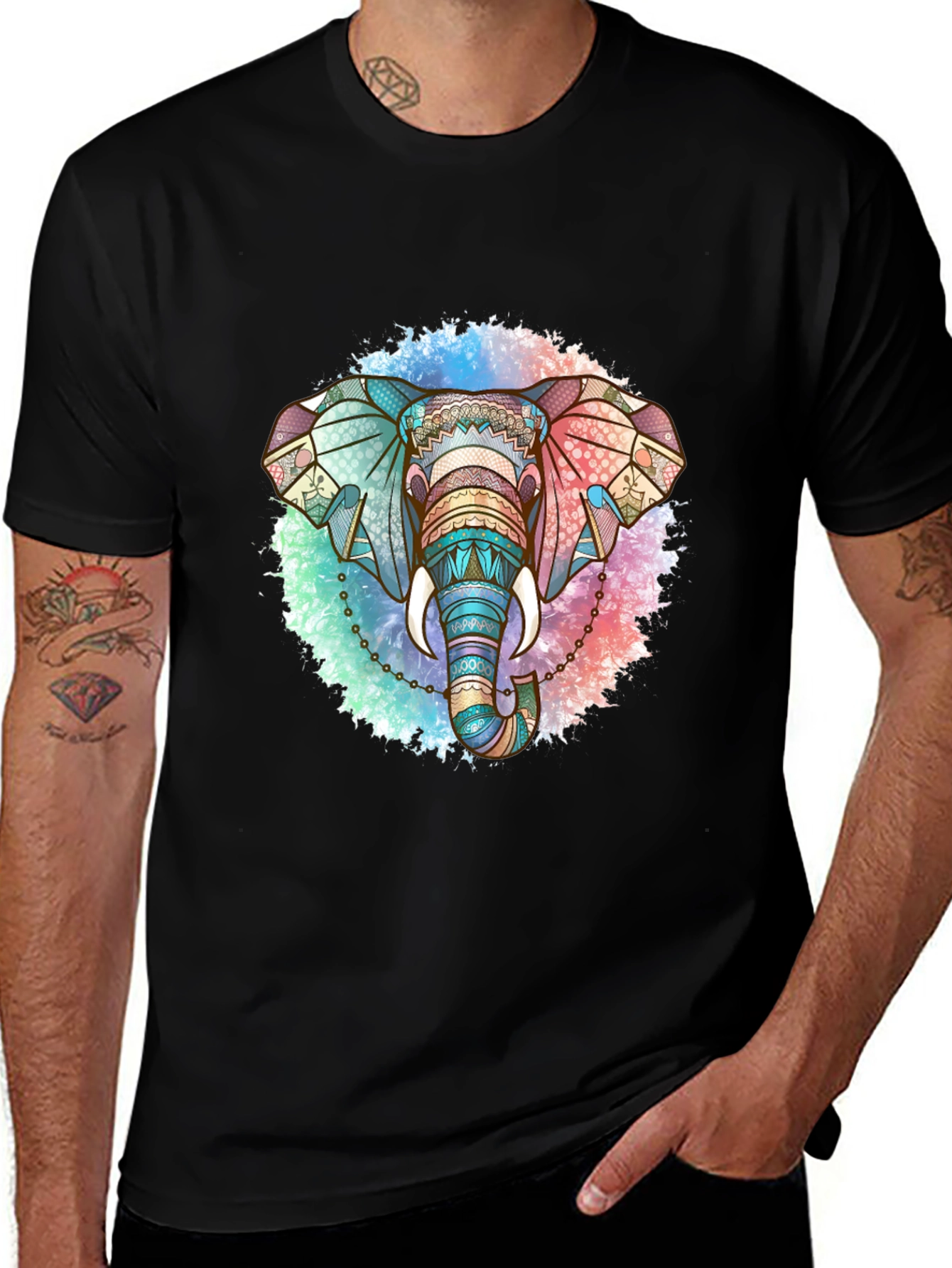 Elephant Mandala Graphic Tee - Stylish Men's Black T-Shirt