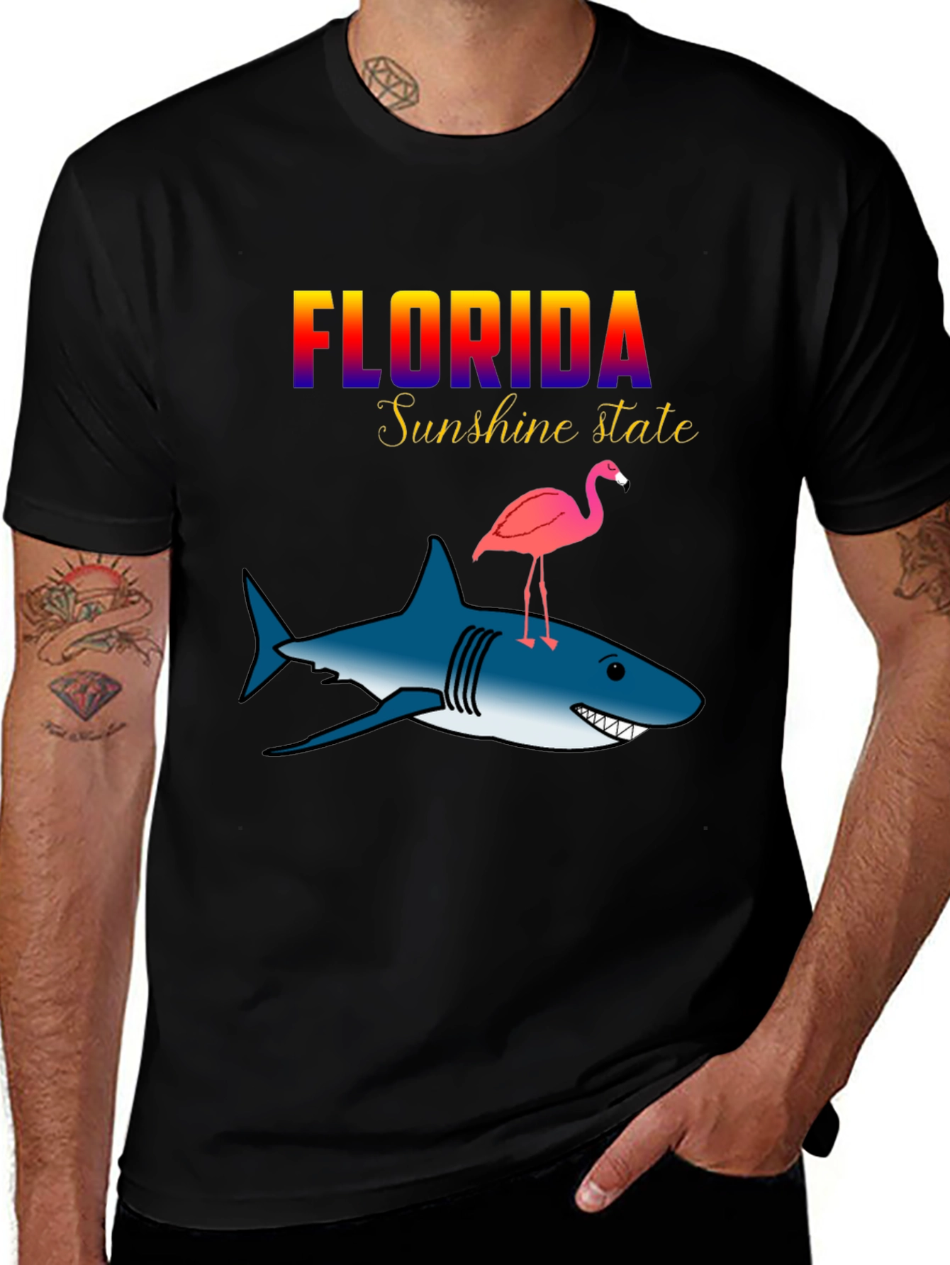 Florida Sunshine State Shark & Flamingo Graphic T-Shirt