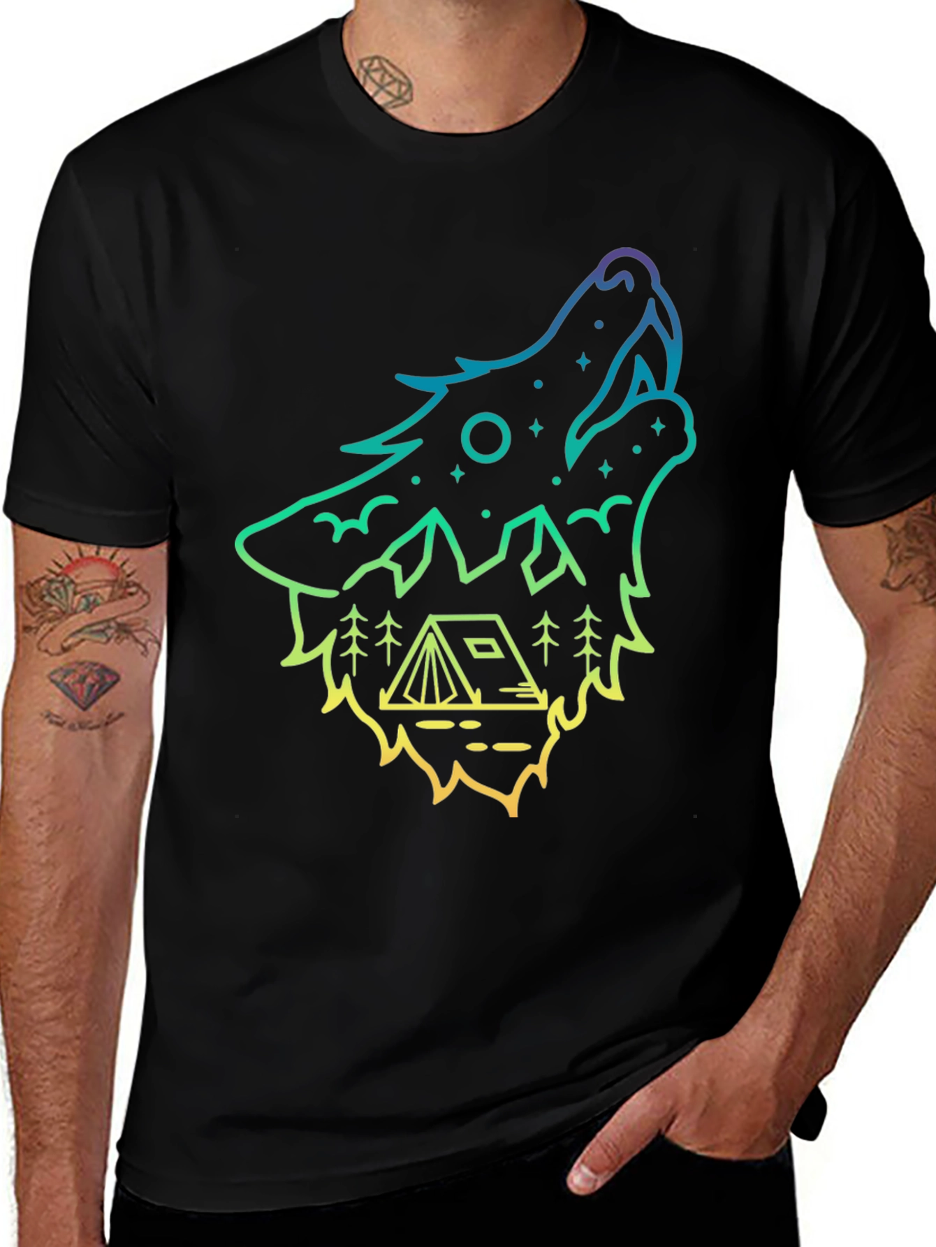Black Wolf Howl Camping Tee - Gradient Outline Design main image