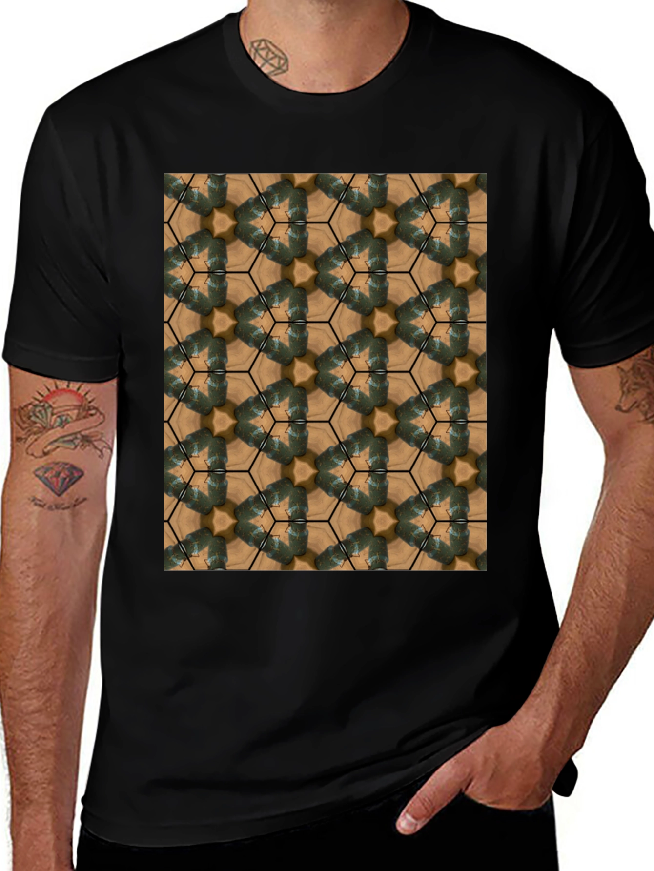 Variant 19 of Abstract Geometric Hexagon Print Black T-Shirt