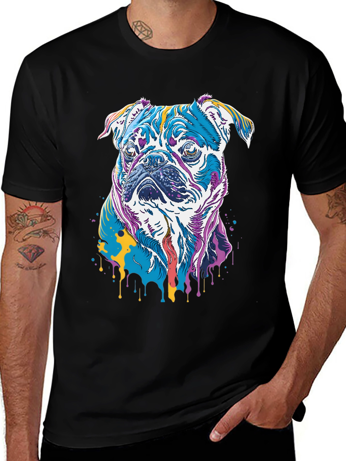 Variant 8 of Colorful Pug Dog Graphic T-Shirt - Black