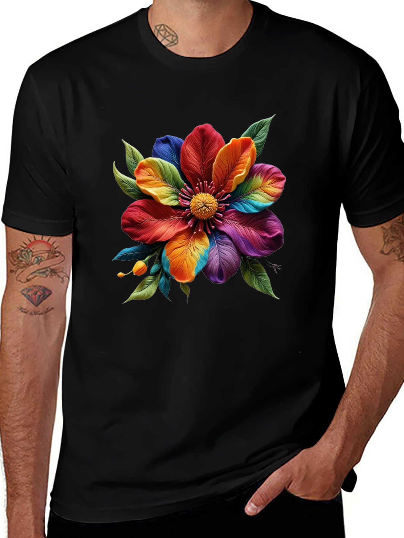 Variant 9 of Floral Burst Black T-Shirt - Vivid Colorful Flower Design