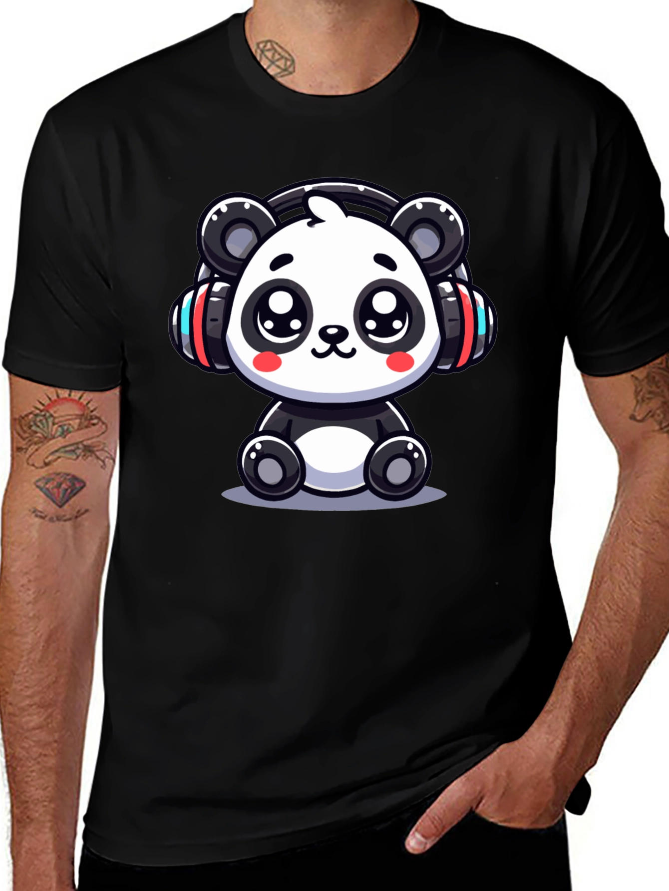 Variant 25 of Cute Panda Headphones Black T-Shirt