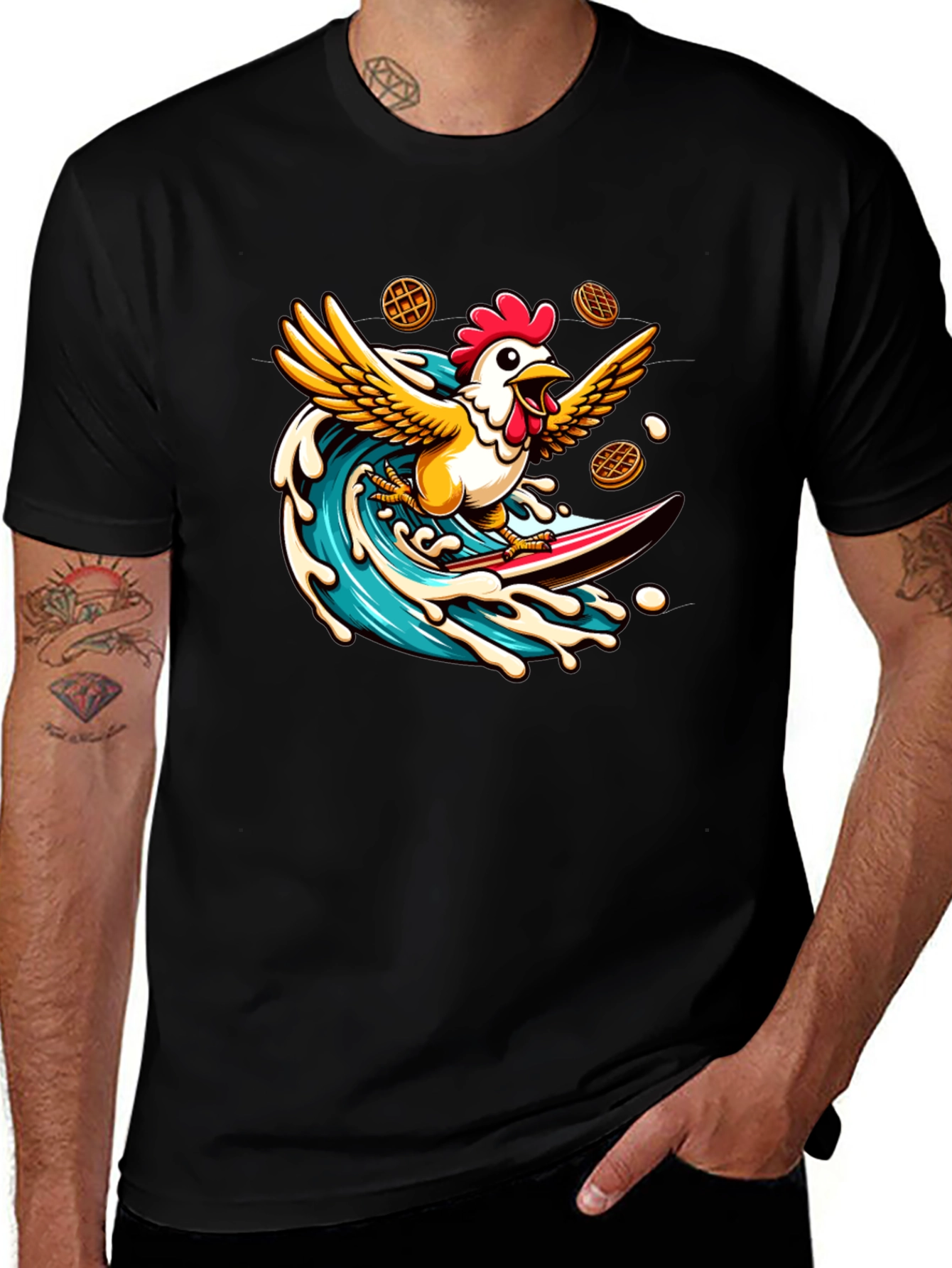 Variant 3 of Surfing Chicken T-Shirt - Waffle Waves Graphic Tee