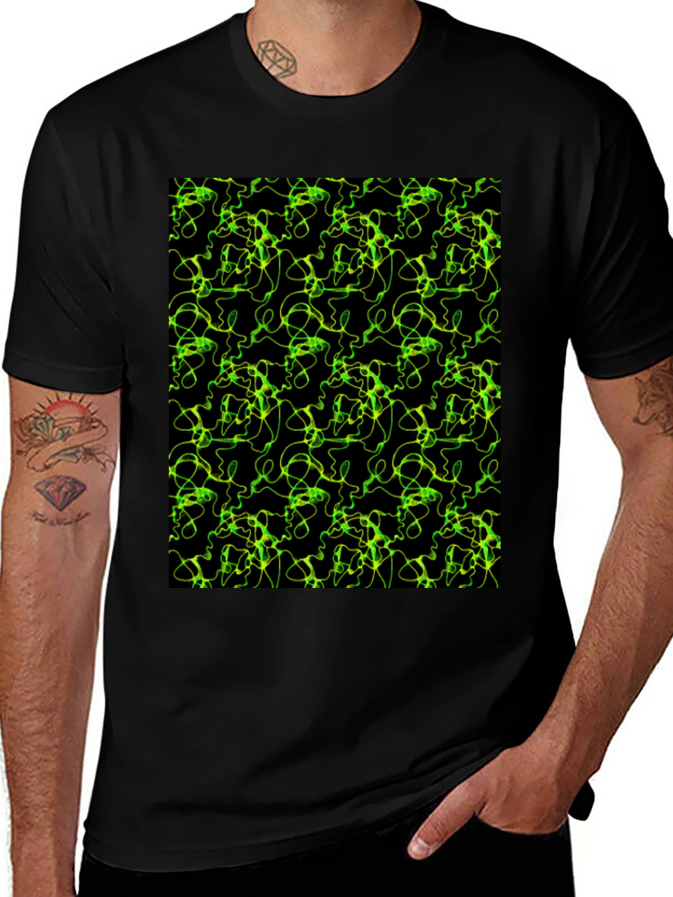 Variant 17 of Abstract Green Line Pattern Black T-Shirt