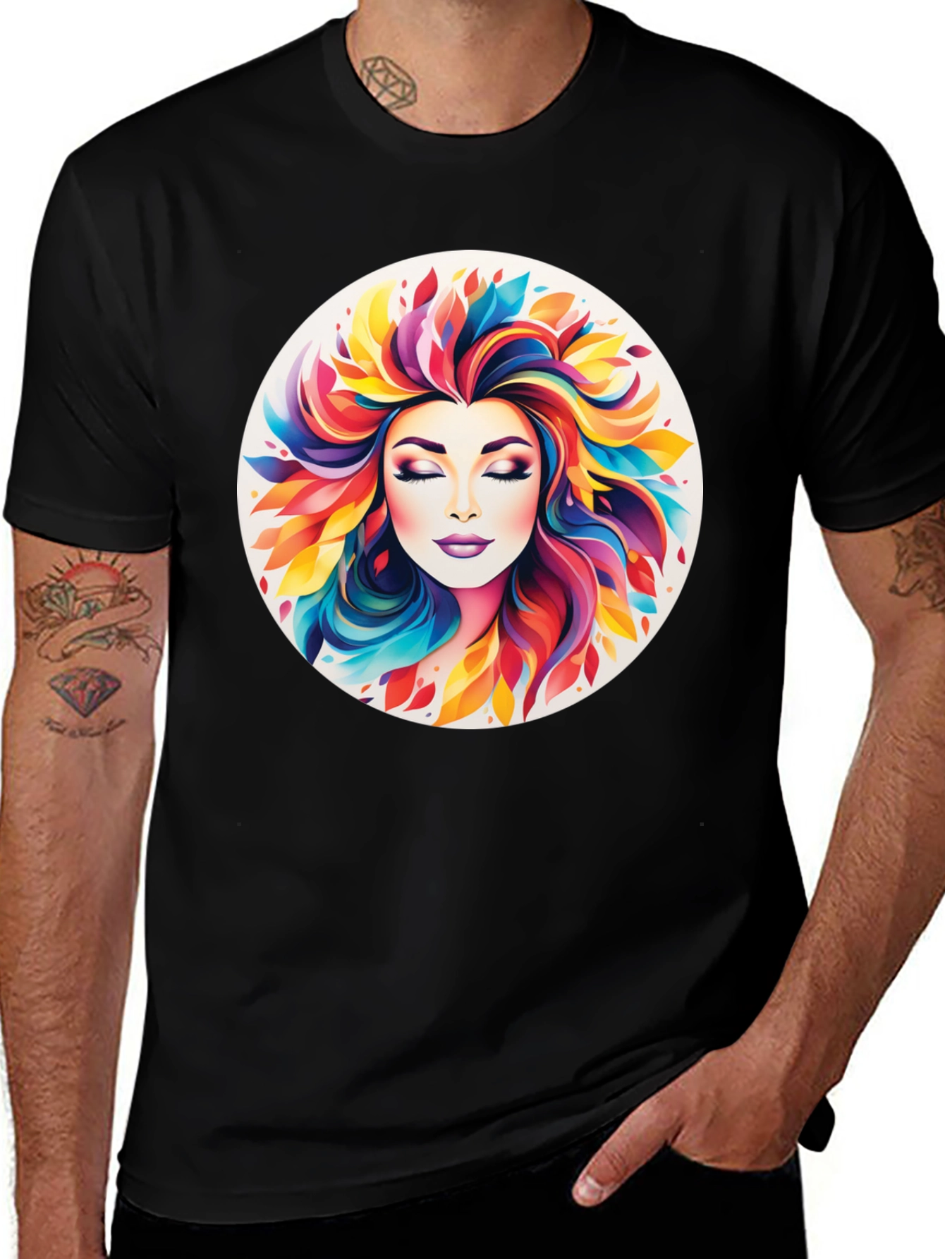 Variant 20 of Colorful Woman Graphic Tee - Artistic Black T-Shirt