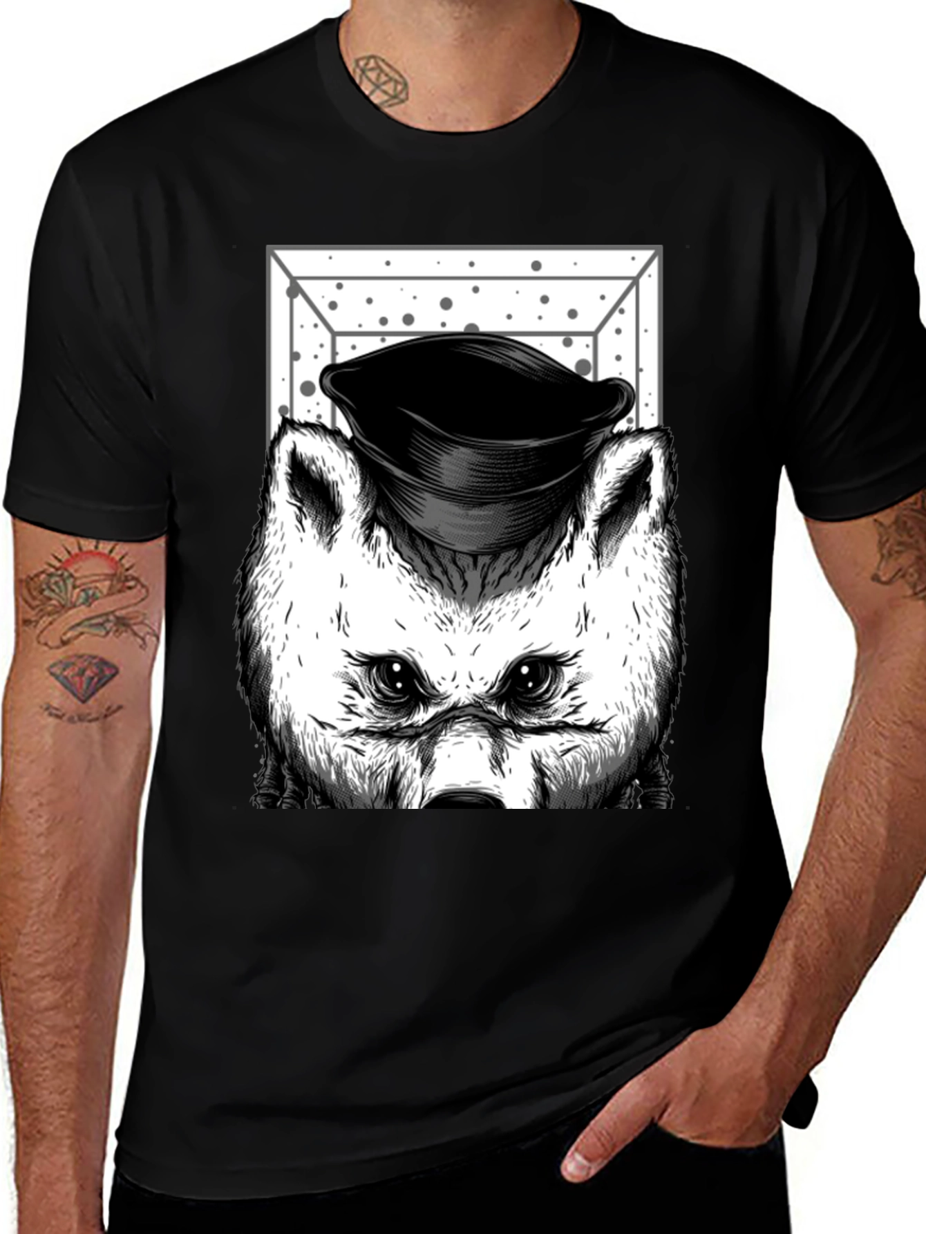 Variant 4 of Wolf in Hat Graphic T-Shirt - Black