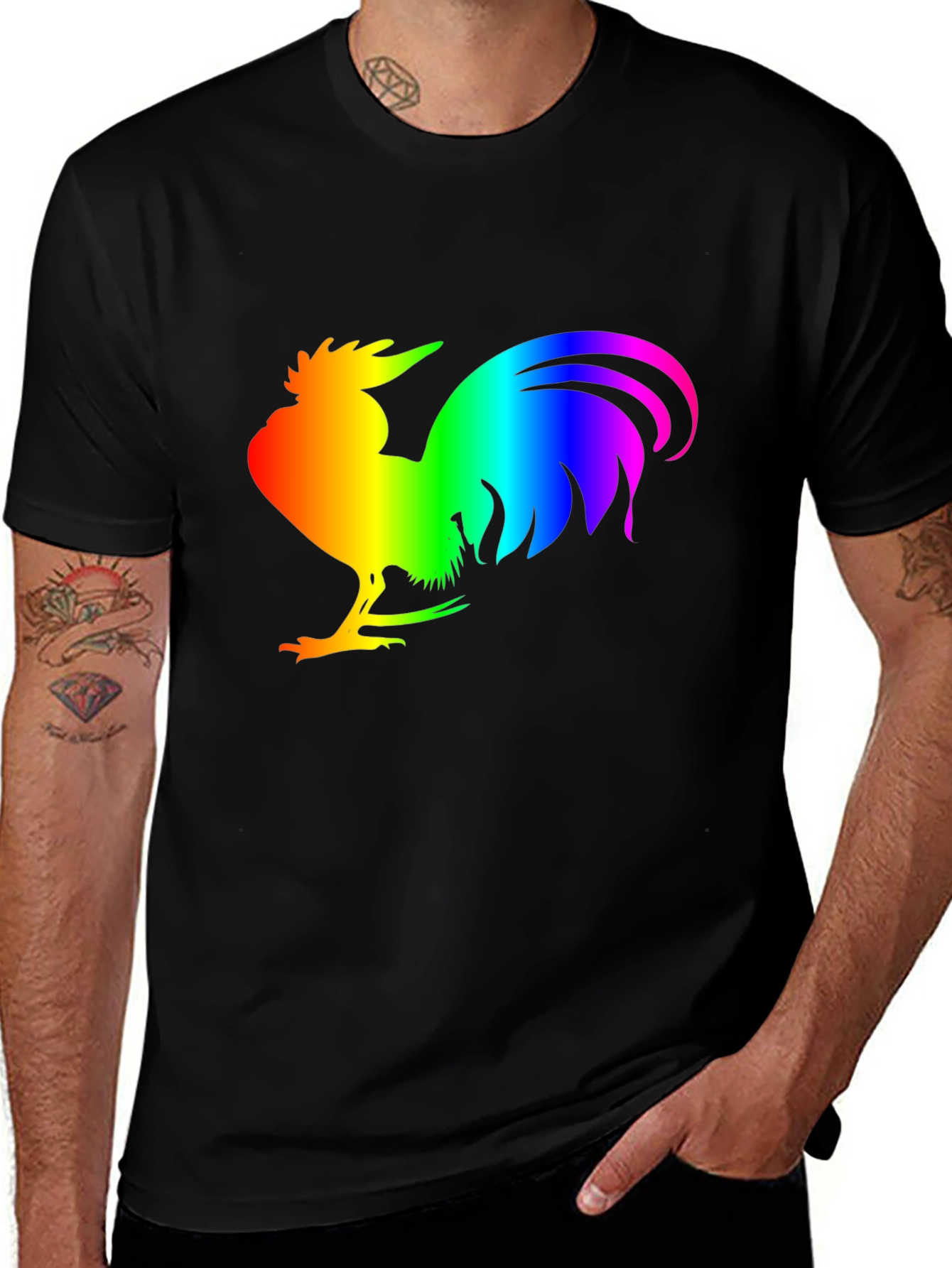 Variant 27 of Rainbow Rooster Graphic Tee - Black Cotton Comfort