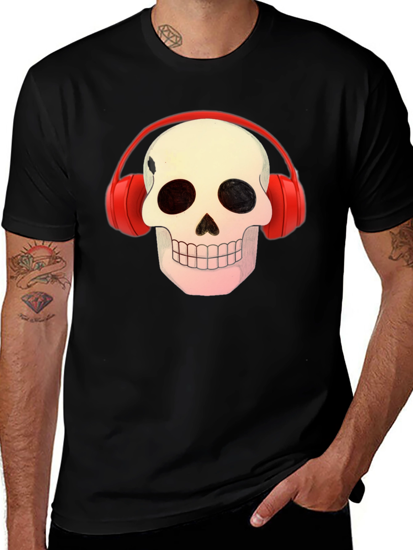 Variant 25 of Skull with Headphones Graphic Tee - Black