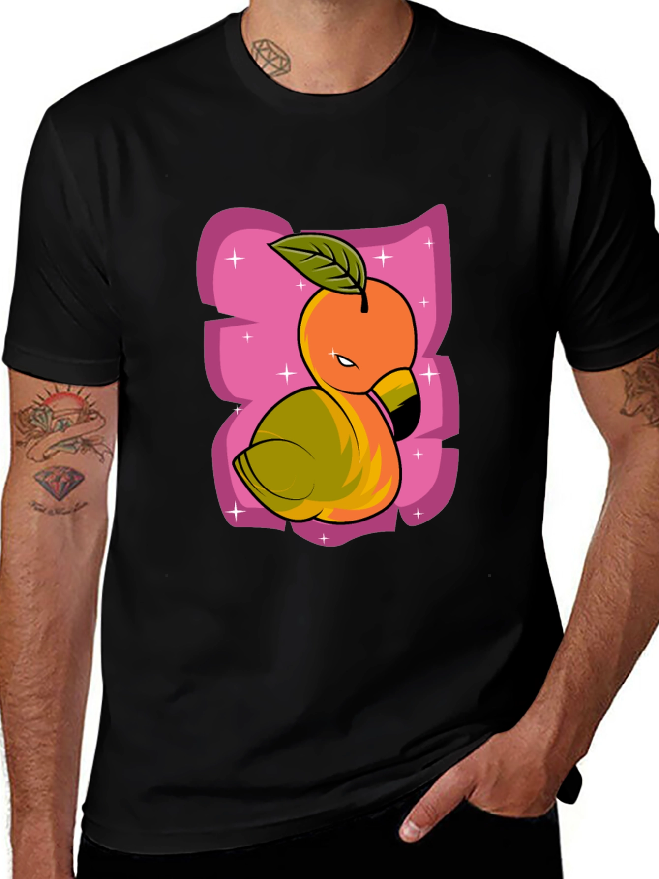 Variant 25 of Cartoon Fruit Flamingo Graphic Black T-Shirt