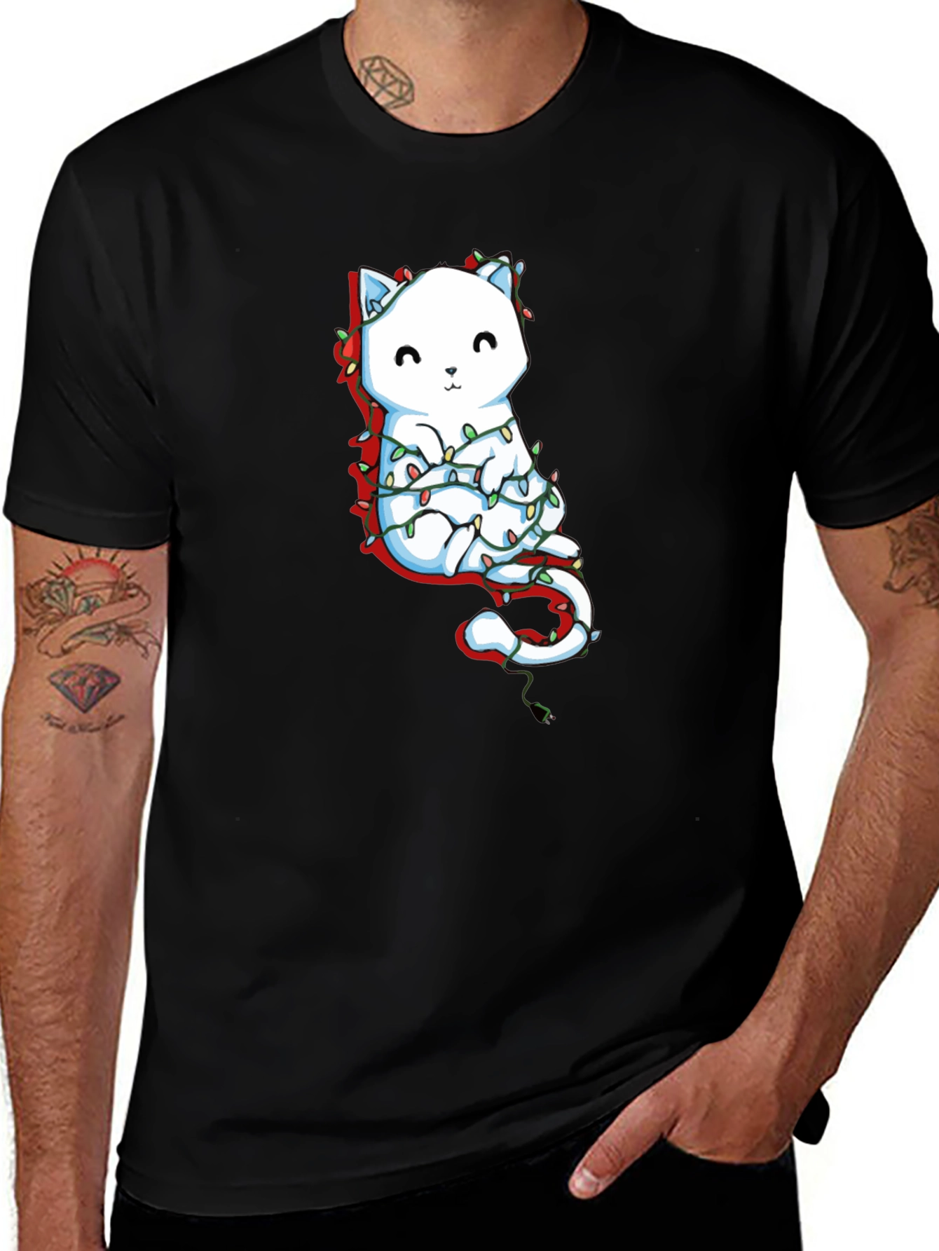 Variant 11 of Cute Cat Christmas Lights Graphic Tee - Black