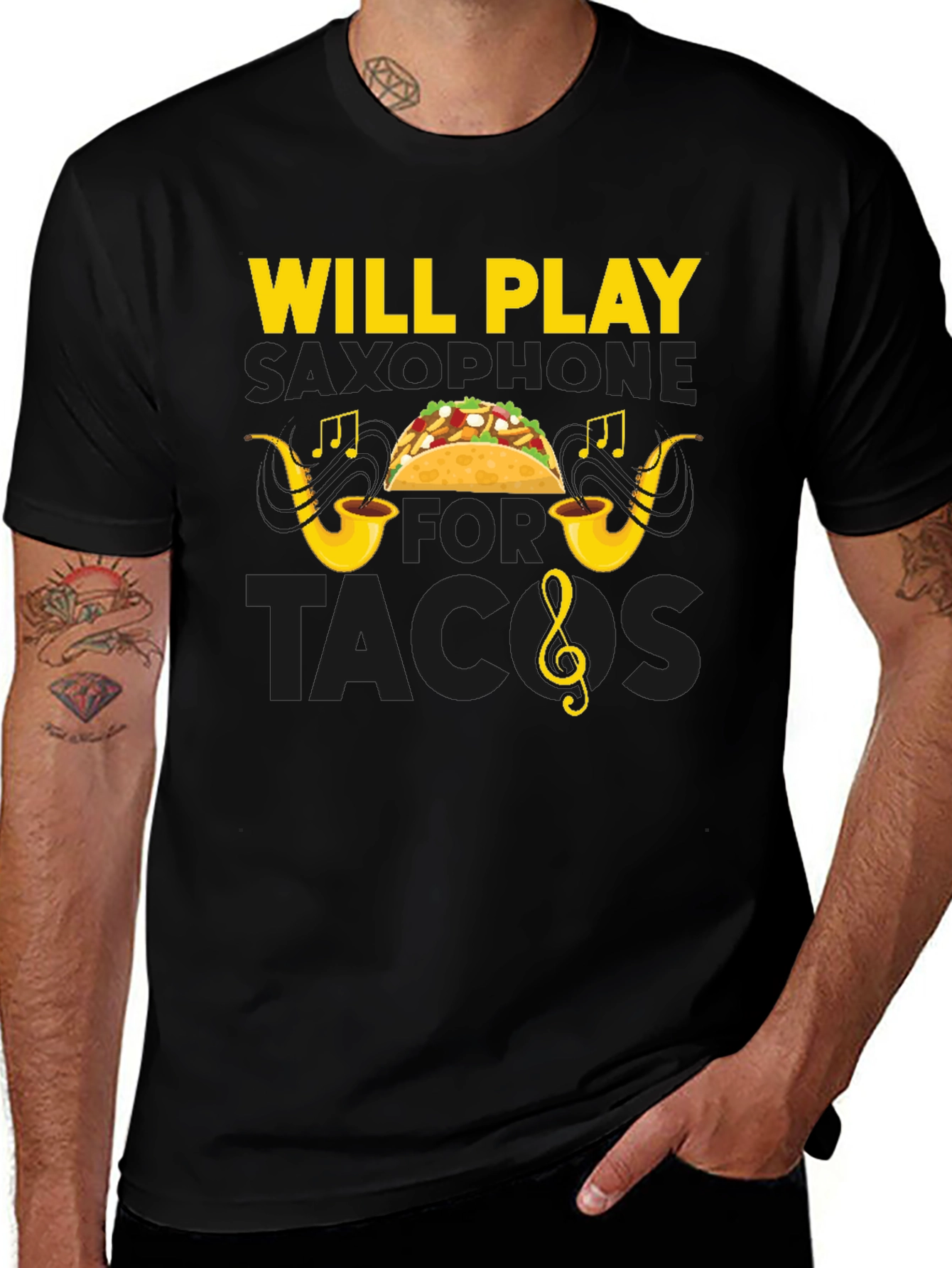 Variant 7 of Will Play Saxophone for Tacos Black T-Shirt