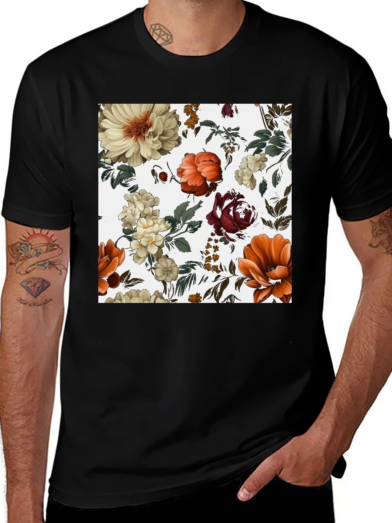 Variant 26 of Floral Print Black T-Shirt for Men