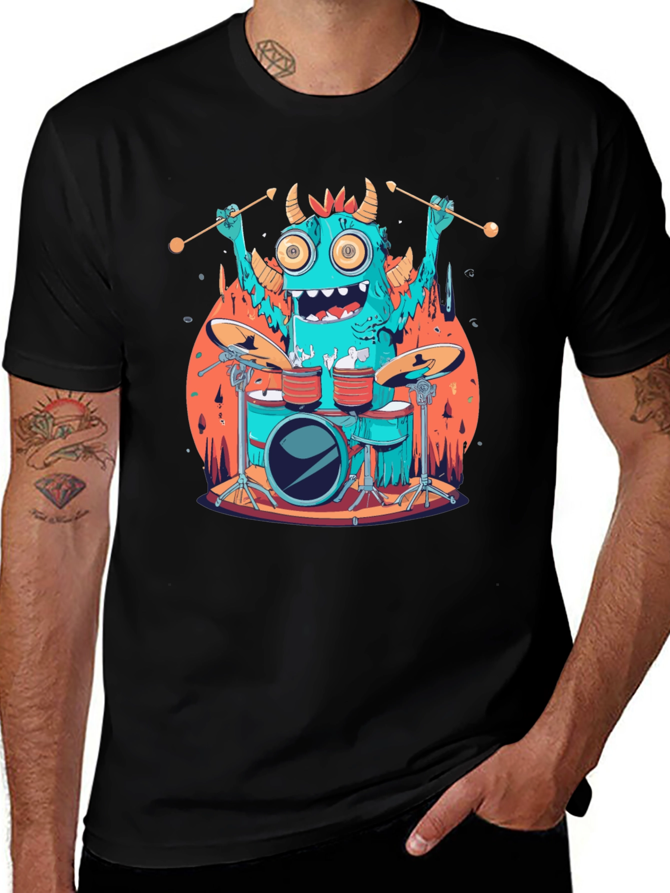 Variant 29 of Monster Drummer Graphic Tee - Black Cotton T-Shirt