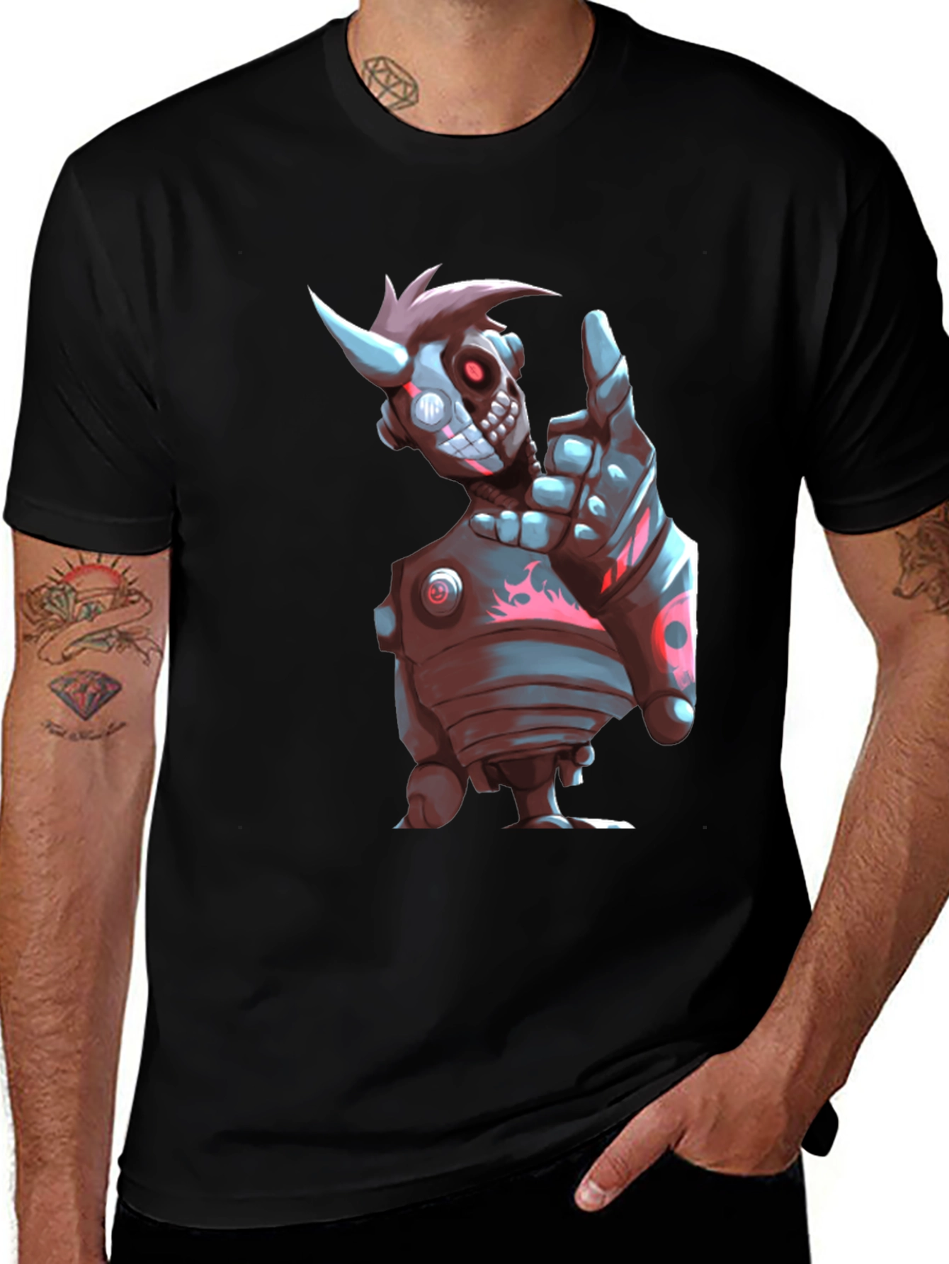 Variant 15 of Robot Skull Graphic Print Black T-Shirt