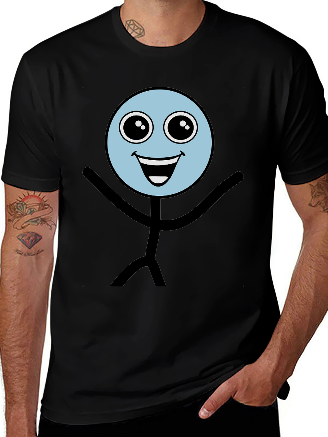Variant 19 of Happy Stick Figure Graphic Tee - Black Cotton Blend