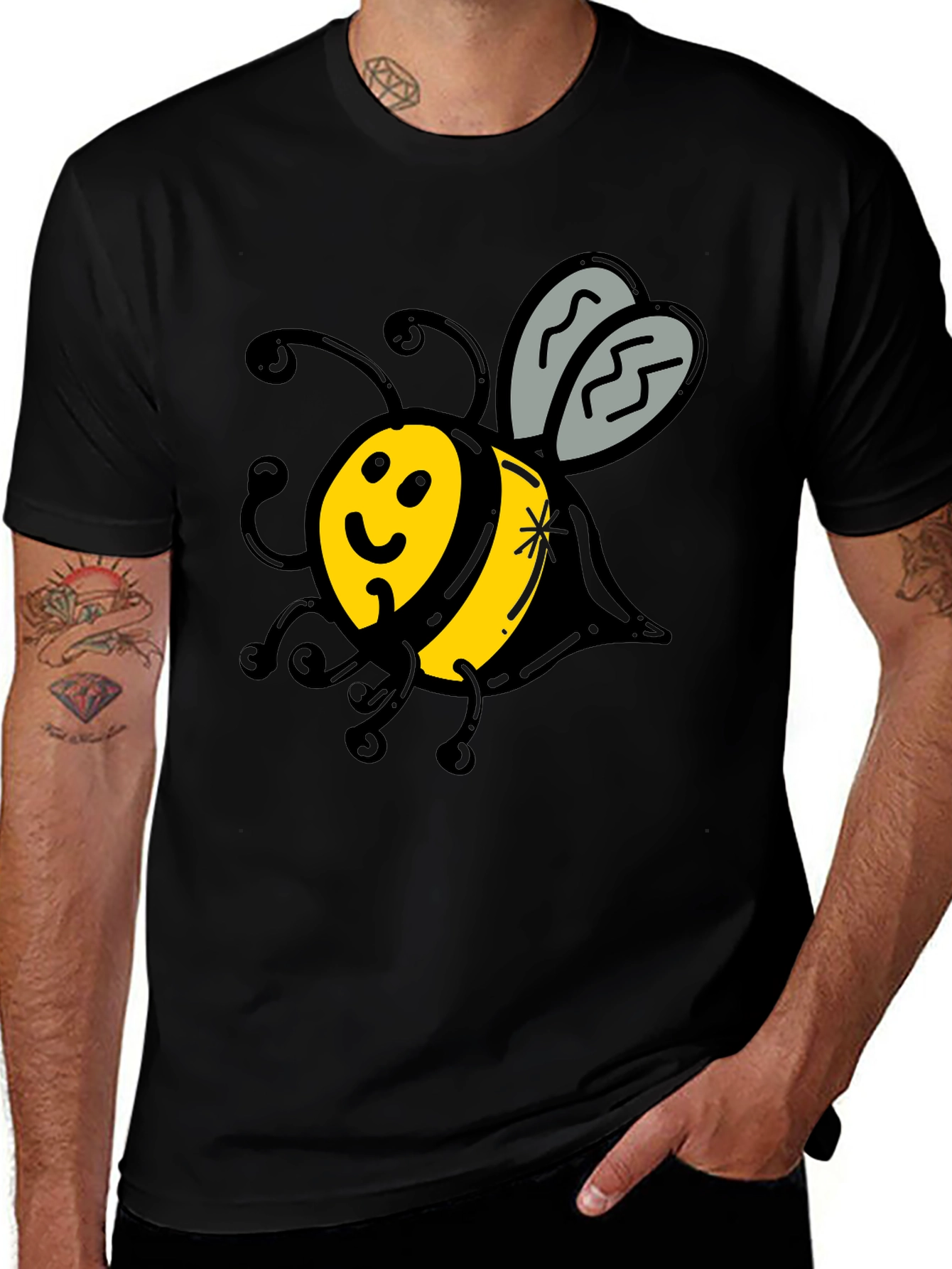 Variant 7 of Cute Bee Graphic T-Shirt - Black Crew Neck