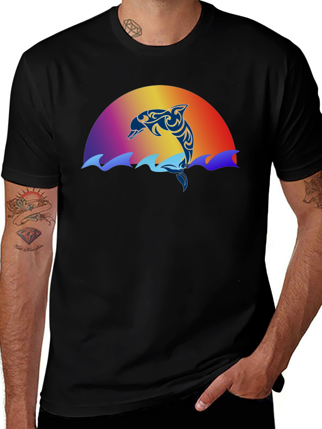 Variant 20 of Tribal Dolphin Sunset Black T-Shirt