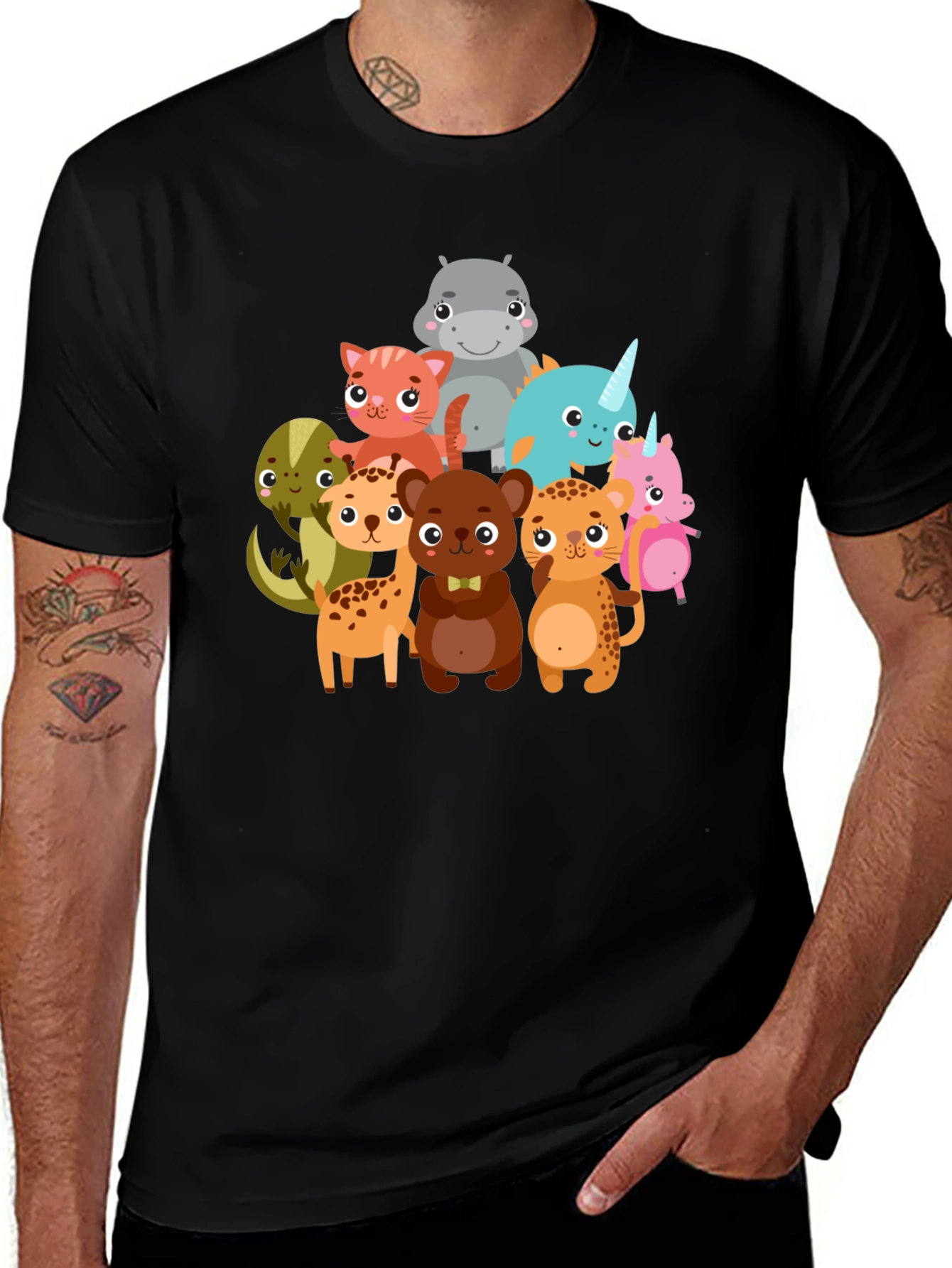 Variant 29 of Cartoon Animal Crew Neck Black T-Shirt