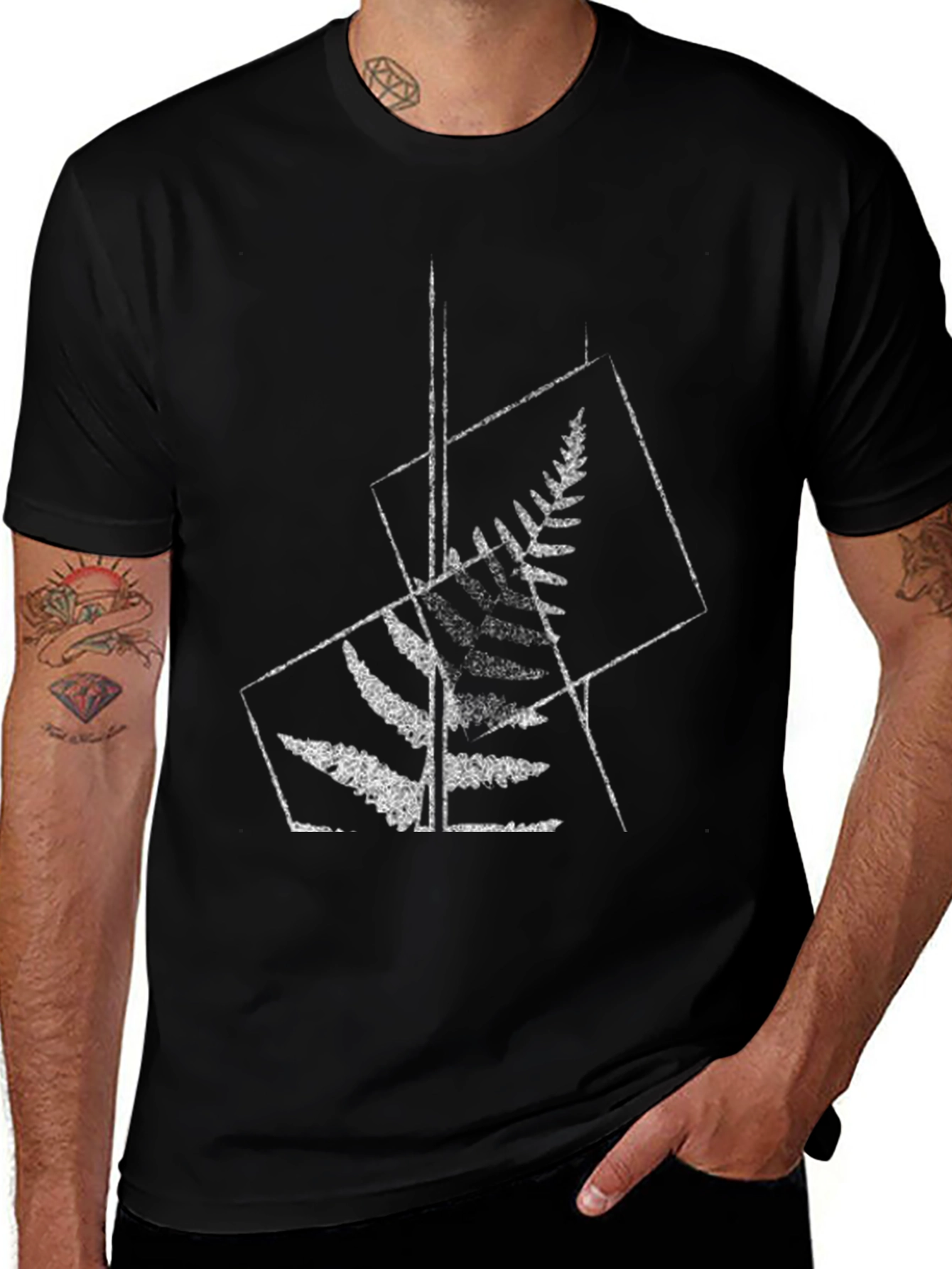Geometric Fern Print Black T-Shirt