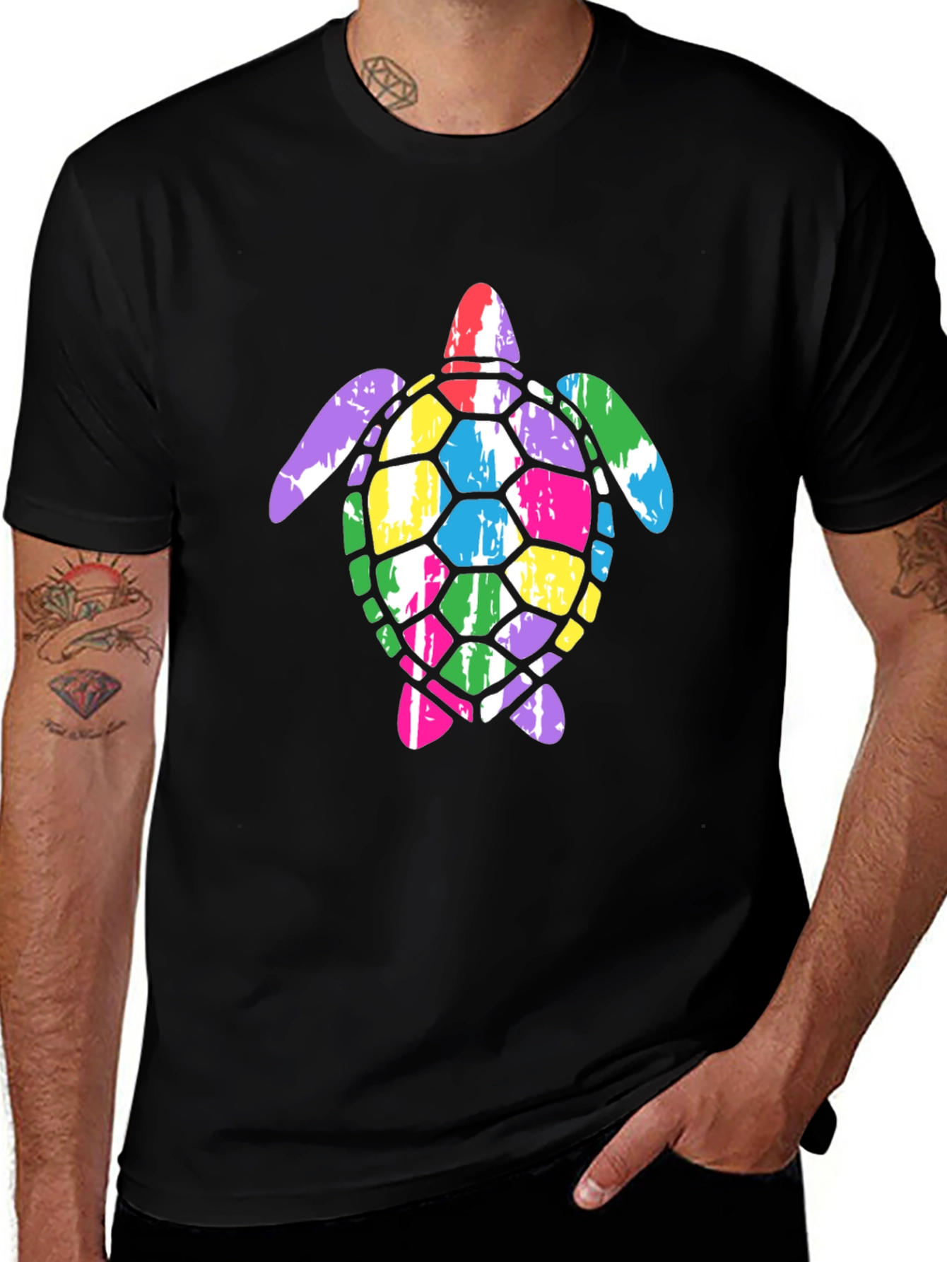 Variant 25 of Colorful Sea Turtle Graphic Tee - Black Cotton T-Shirt