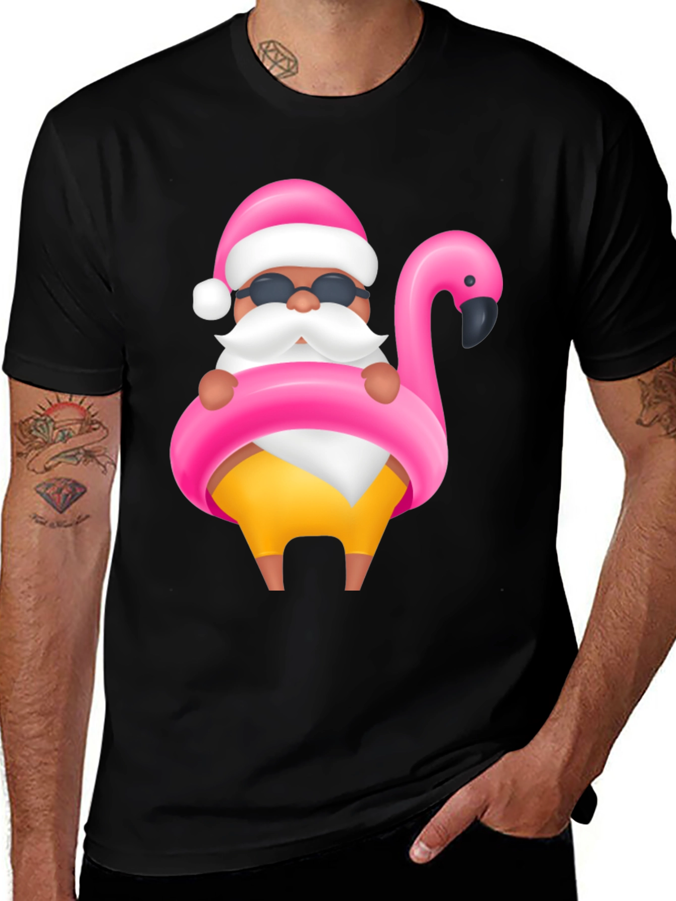 Santa Flamingo Black T-Shirt
