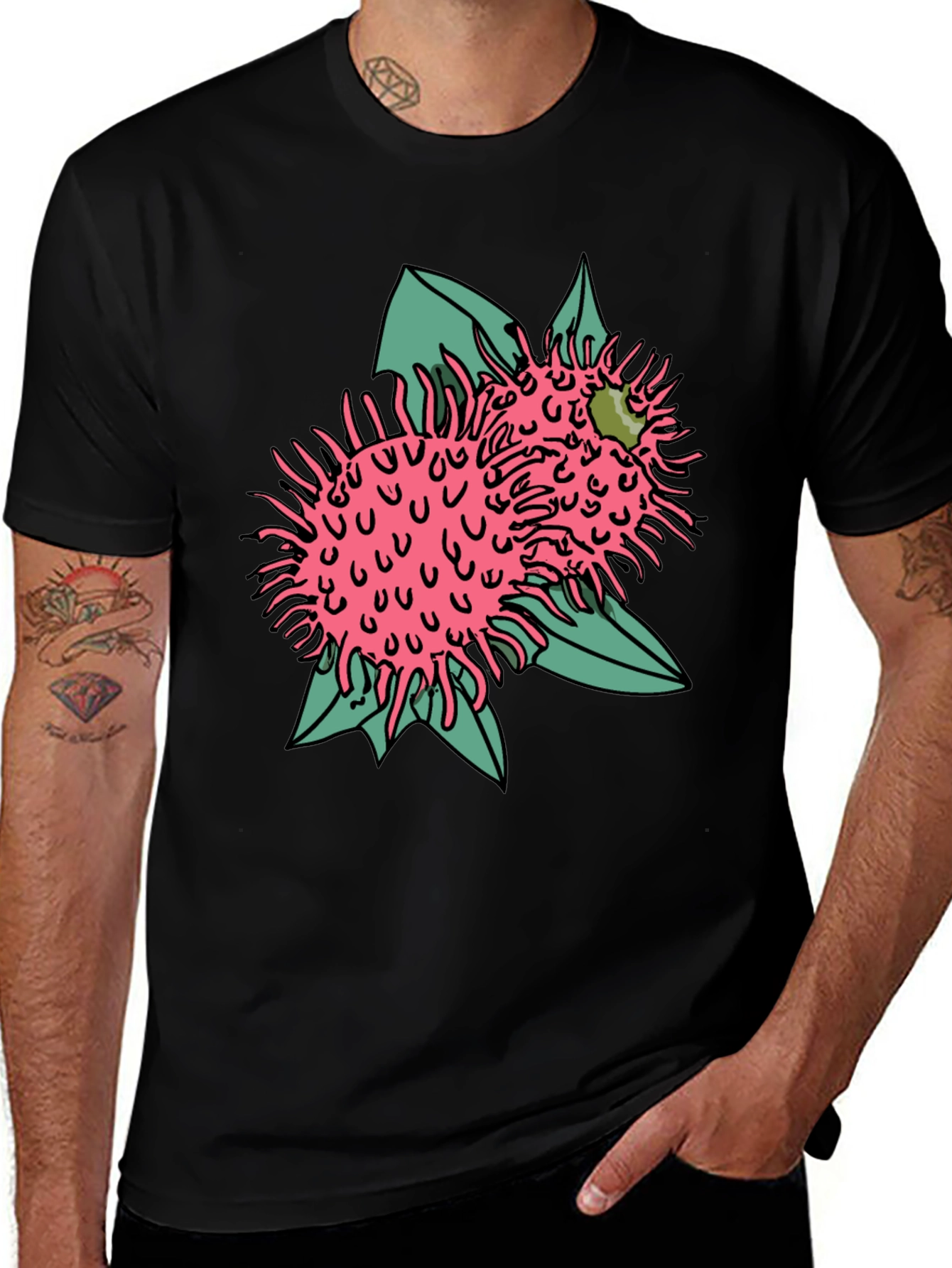 Novelty Black T-shirt with Pink Rambutan Graphic