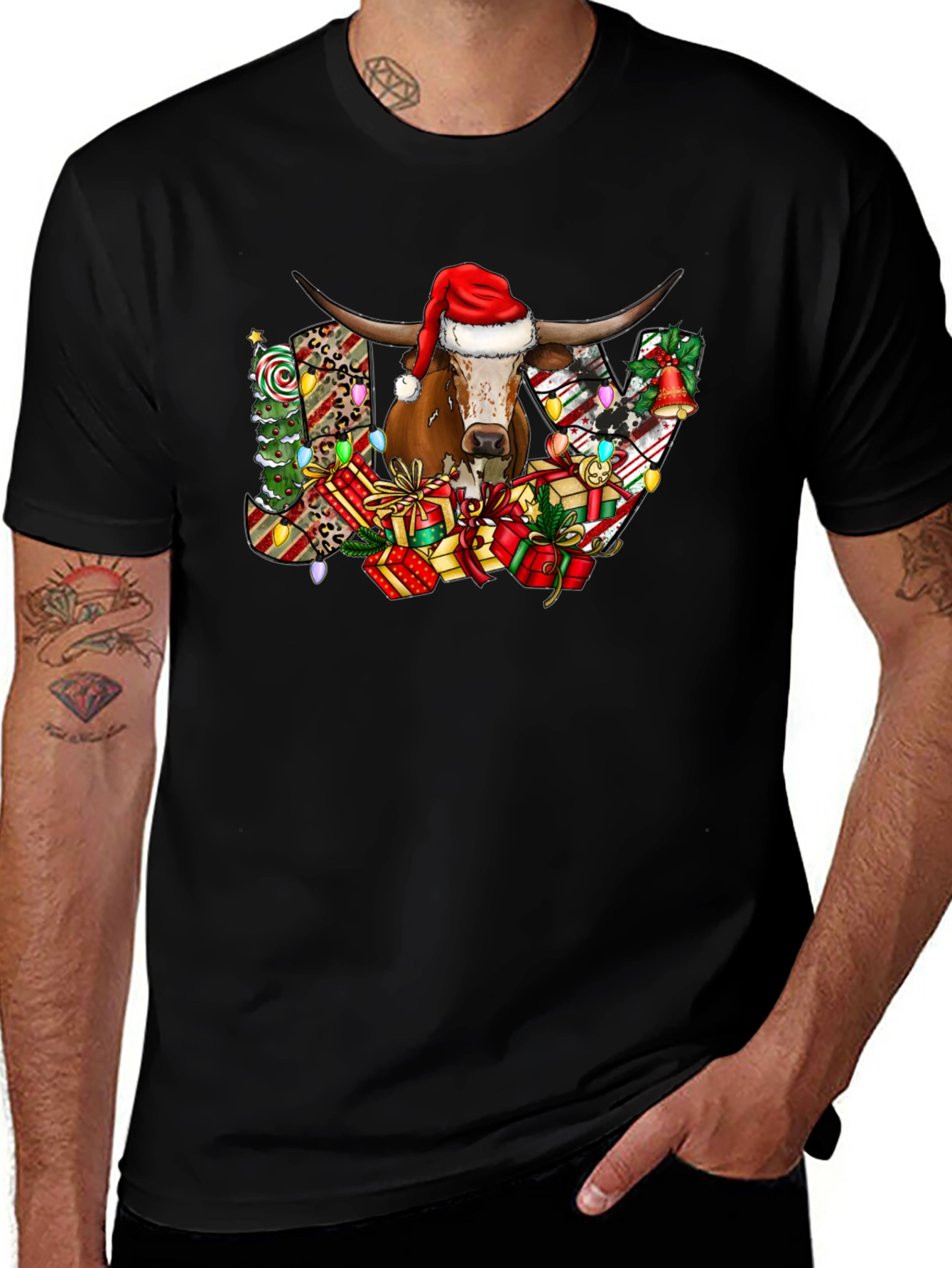 Variant 12 of Festive Bull JOY Graphic Tee - Christmas Holiday Shirt