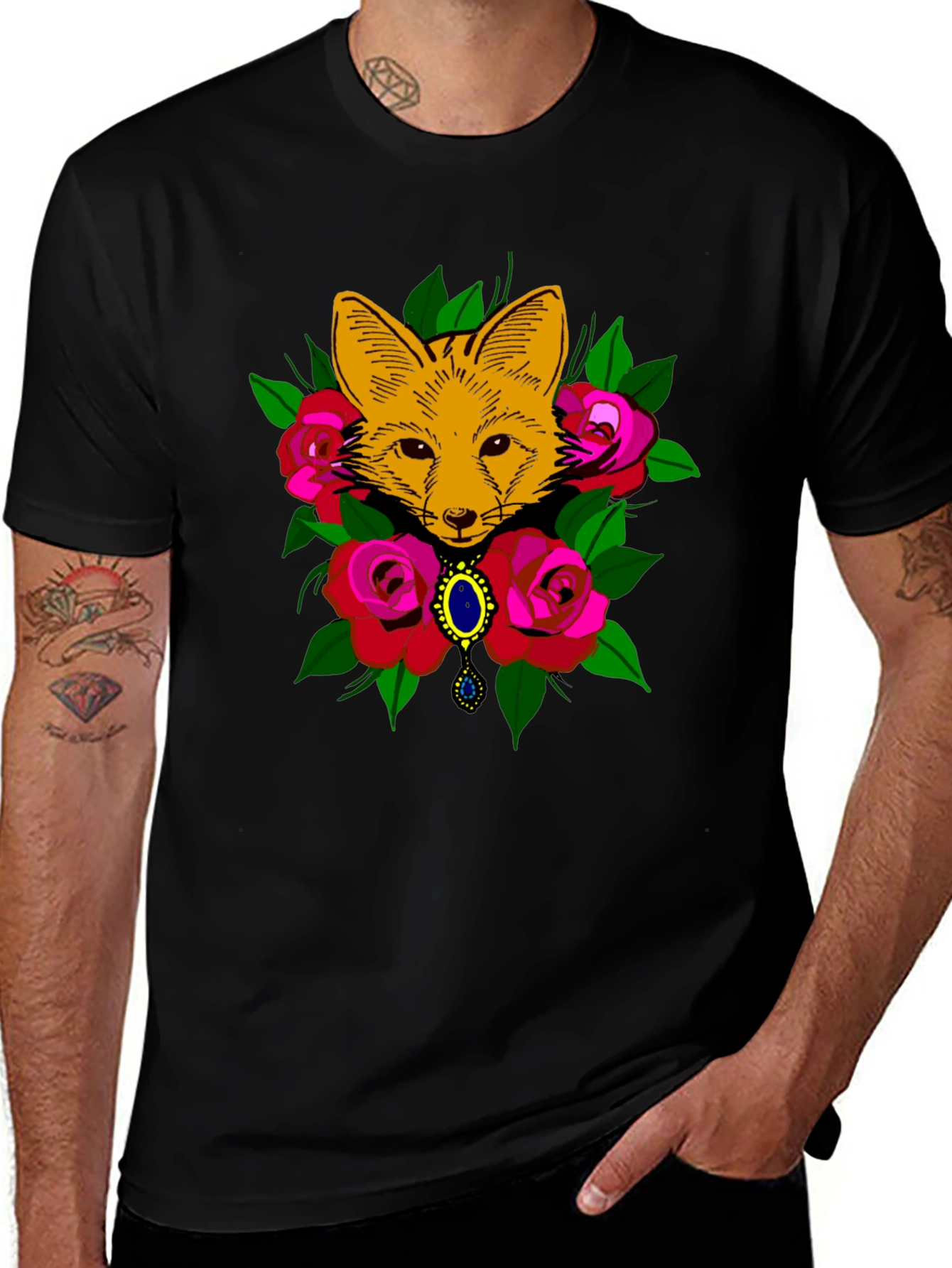Variant 27 of Fox & Roses Graphic Tee - Stylish Men's Black T-Shirt