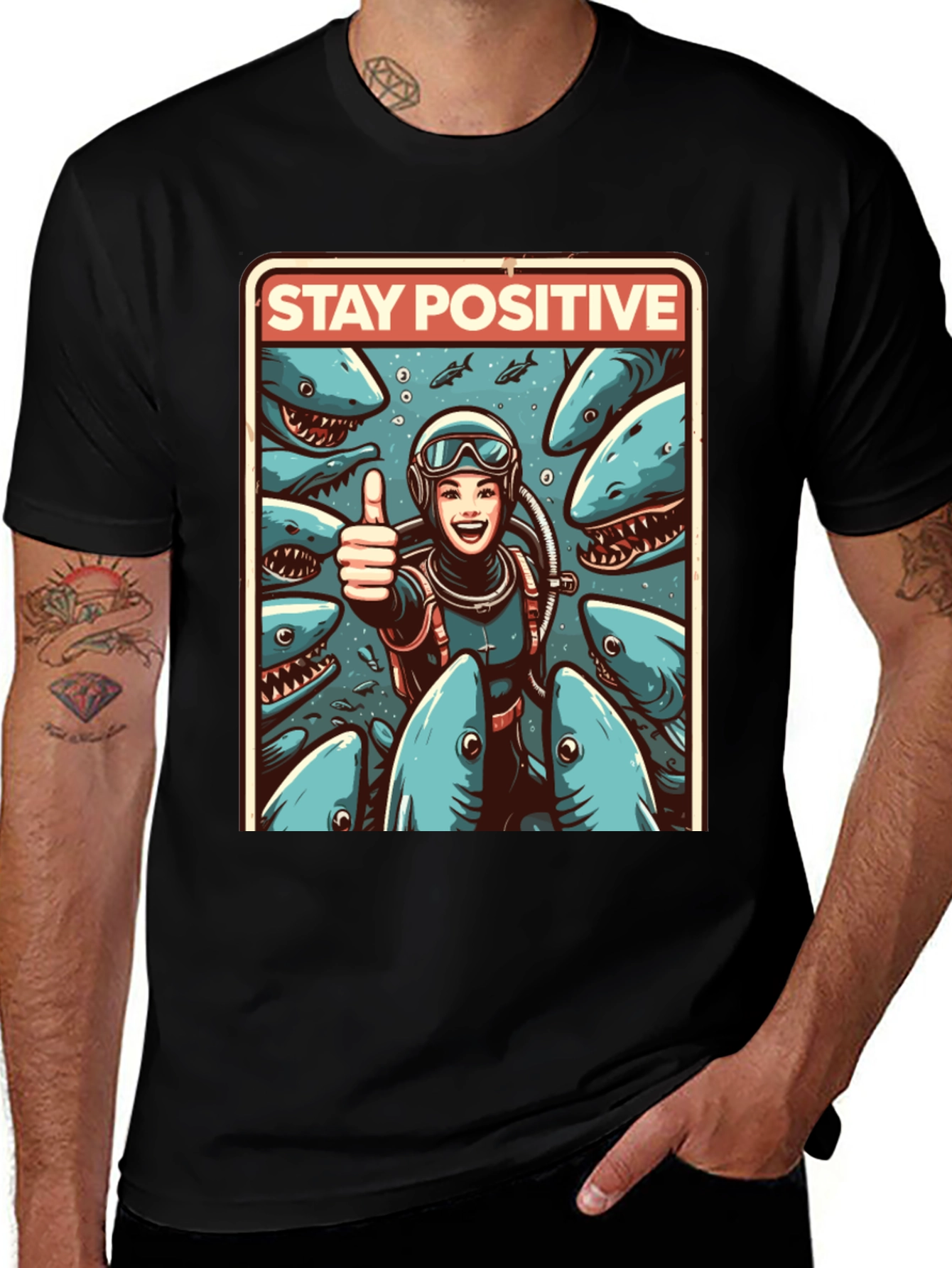 Variant 19 of Stay Positive Diver T-Shirt: Shark Edition