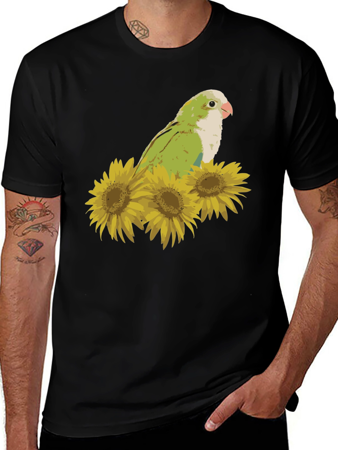 Variant 24 of Parrot & Sunflower Graphic Tee - Unisex Black T-Shirt