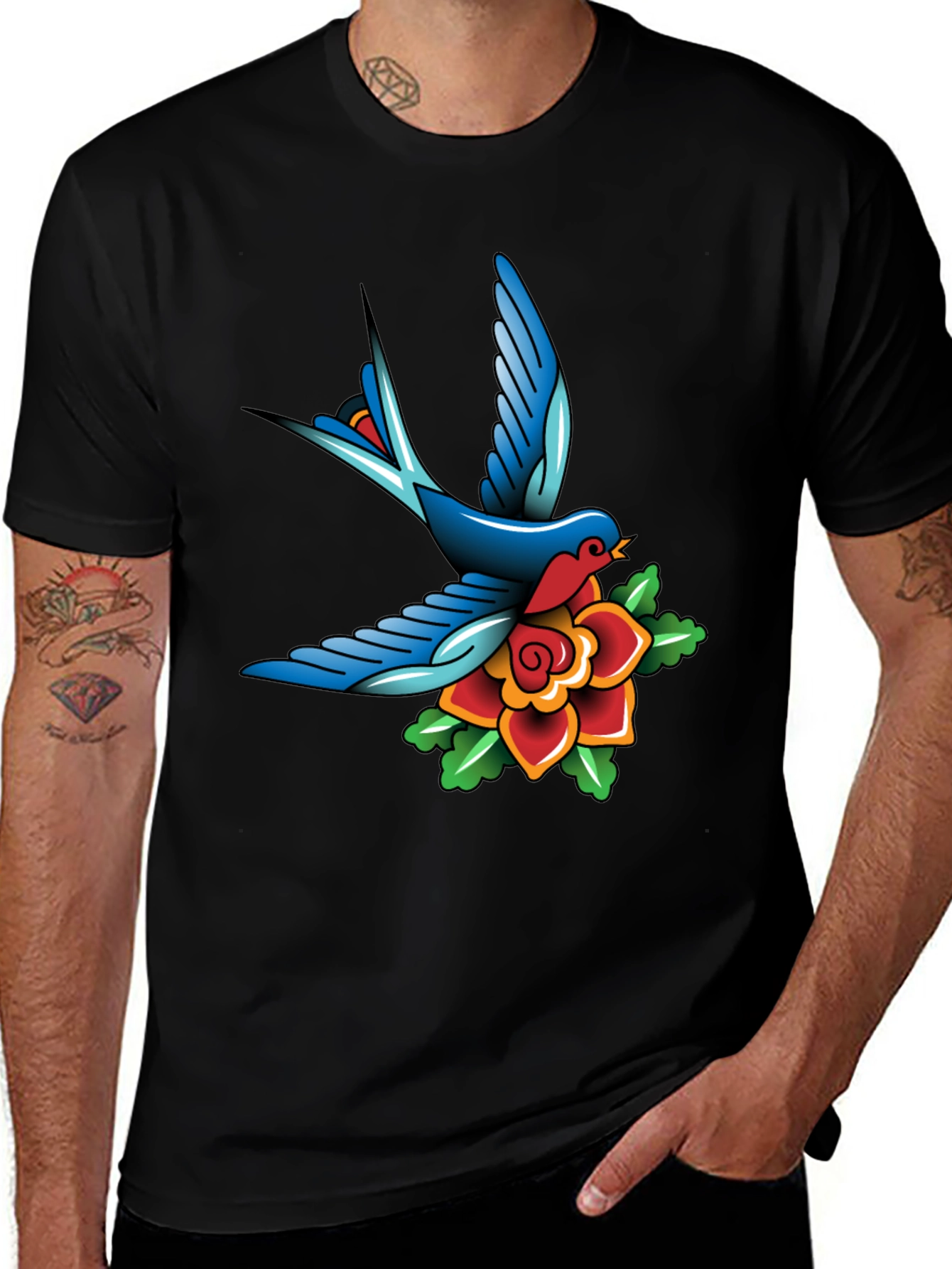 Variant 29 of Classic Tattoo Style Bird and Rose Graphic Tee