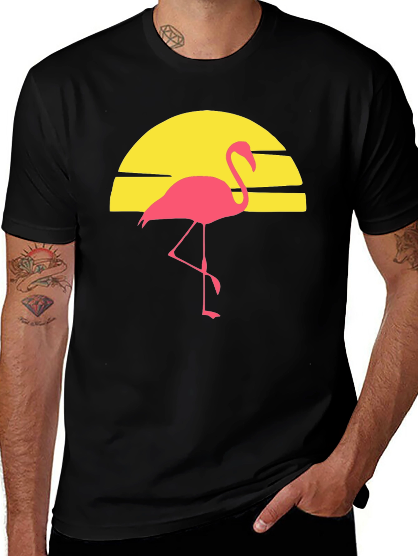 Variant 9 of Flamingo Sunset Graphic Tee - Black Cotton Shirt