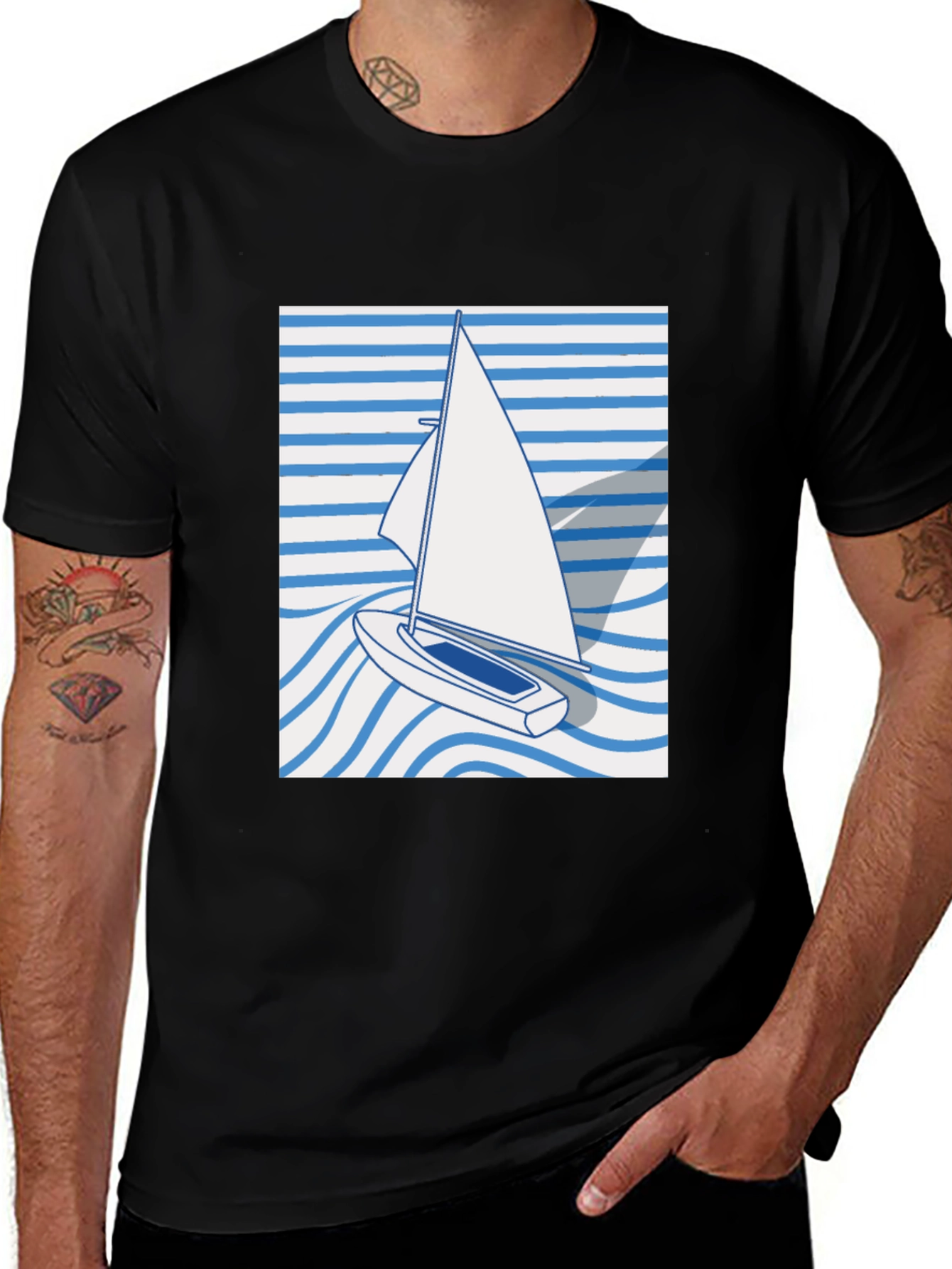 Nautical Sailboat Graphic Tee - Black Cotton T-Shirt