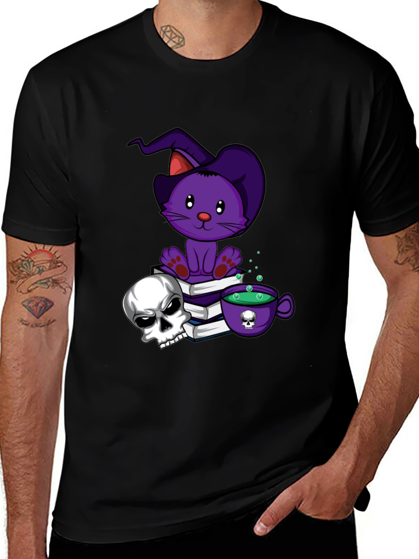 Spooky Cat T-Shirt: Witch Cat, Skull & Potion