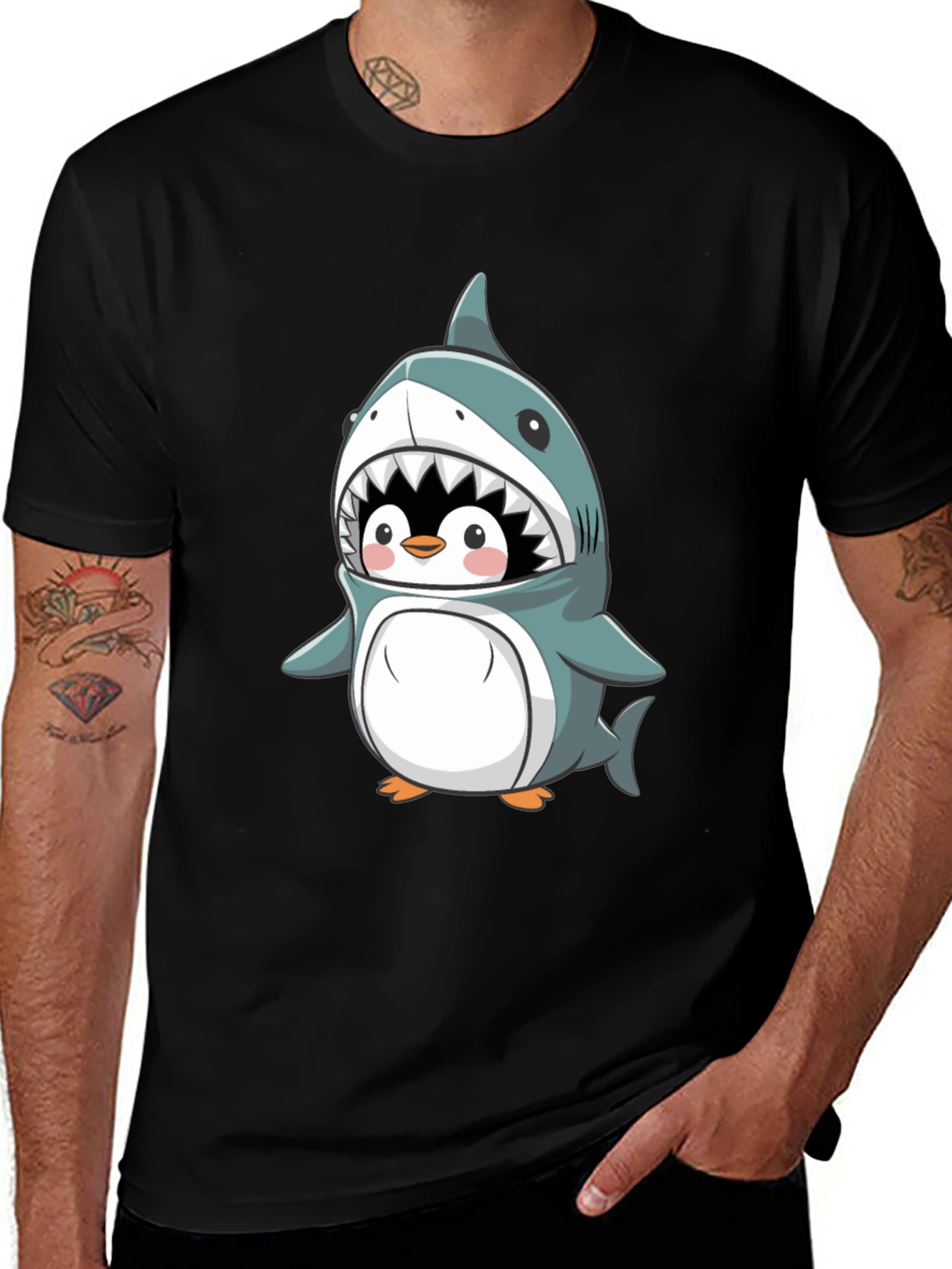 Variant 17 of Cute Penguin in Shark Costume Graphic Tee