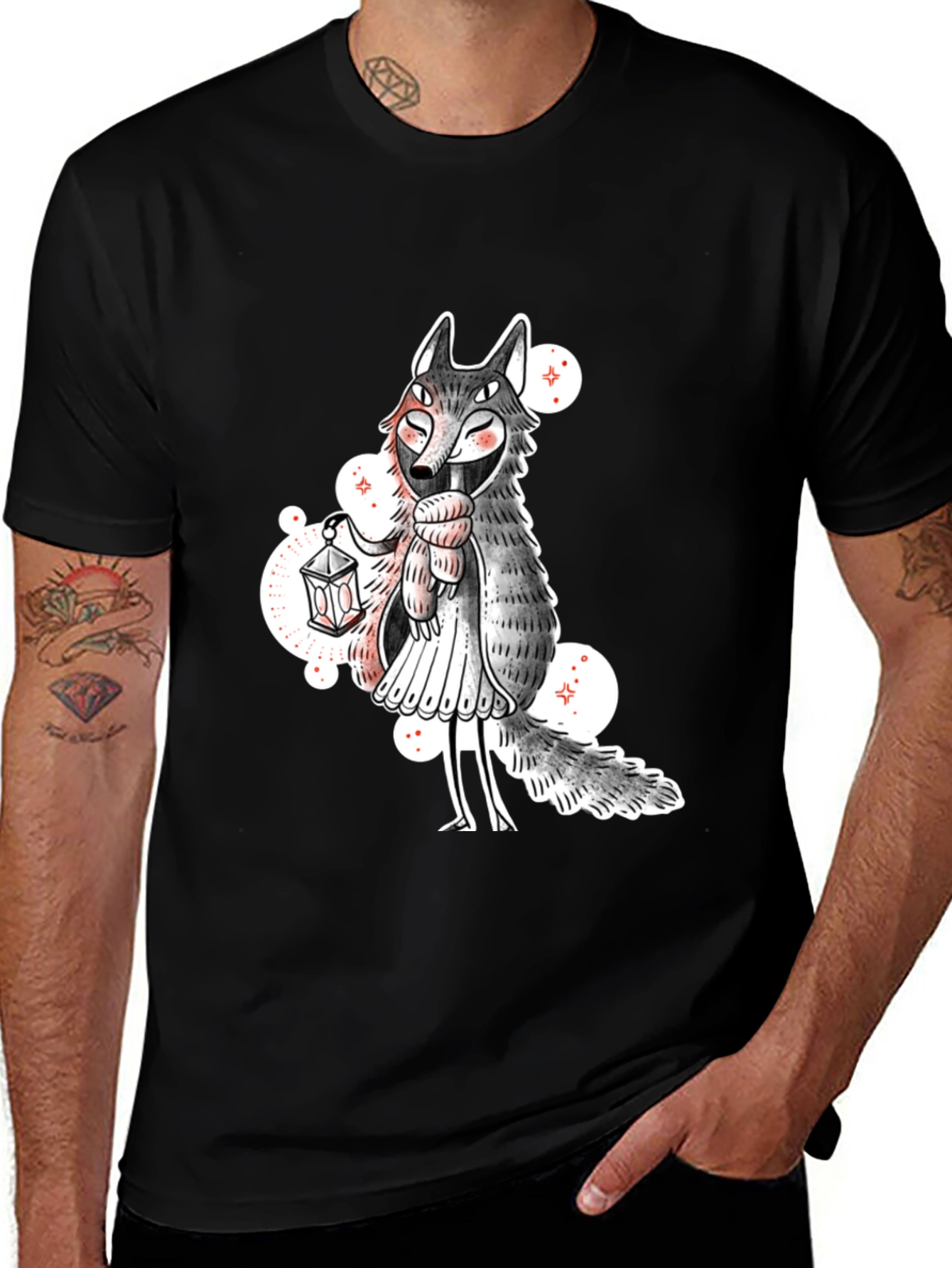 Whimsical Wolf Lantern Graphic Tee - Black