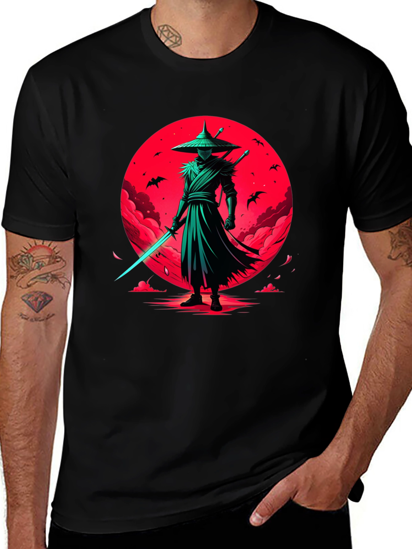 Variant 16 of Neon Samurai Graphic Tee - Men's Black T-Shirt