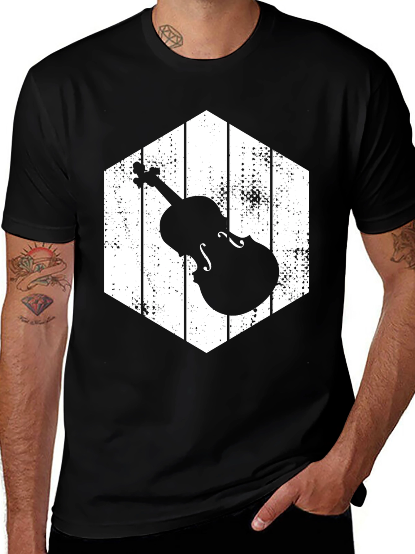 Variant 10 of Violin Graphic Tee - Distressed Hexagon Design