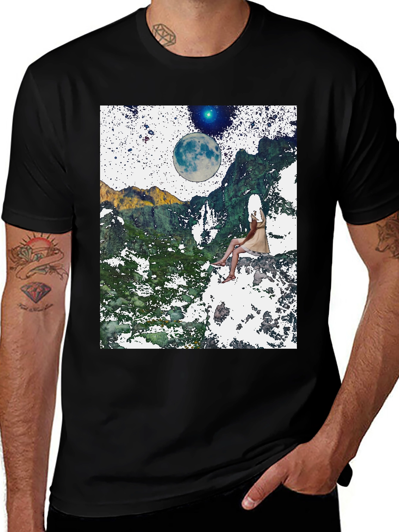 Variant 16 of Celestial Dreamscape T-Shirt - Black Graphic Tee