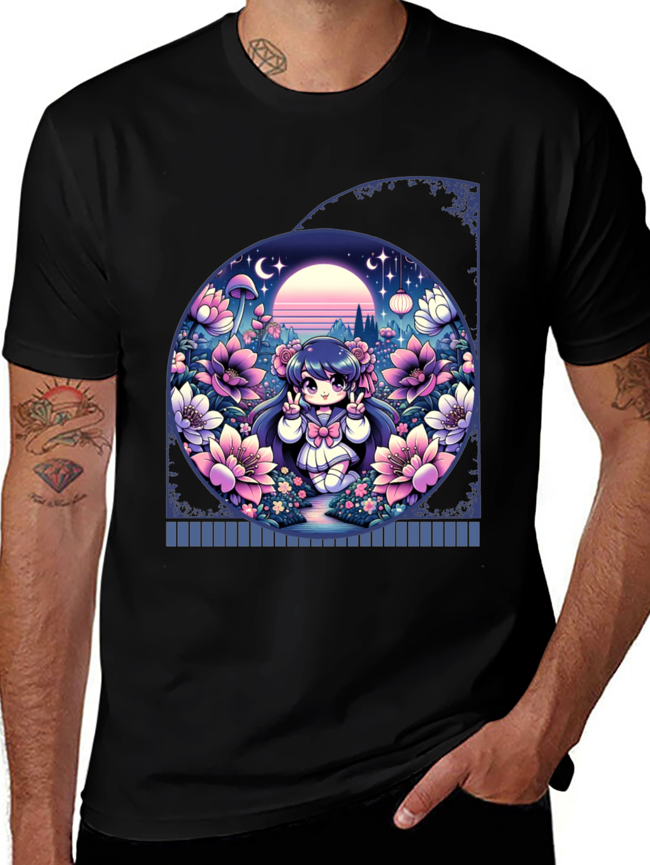 Anime Girl in Floral Garden T-Shirt