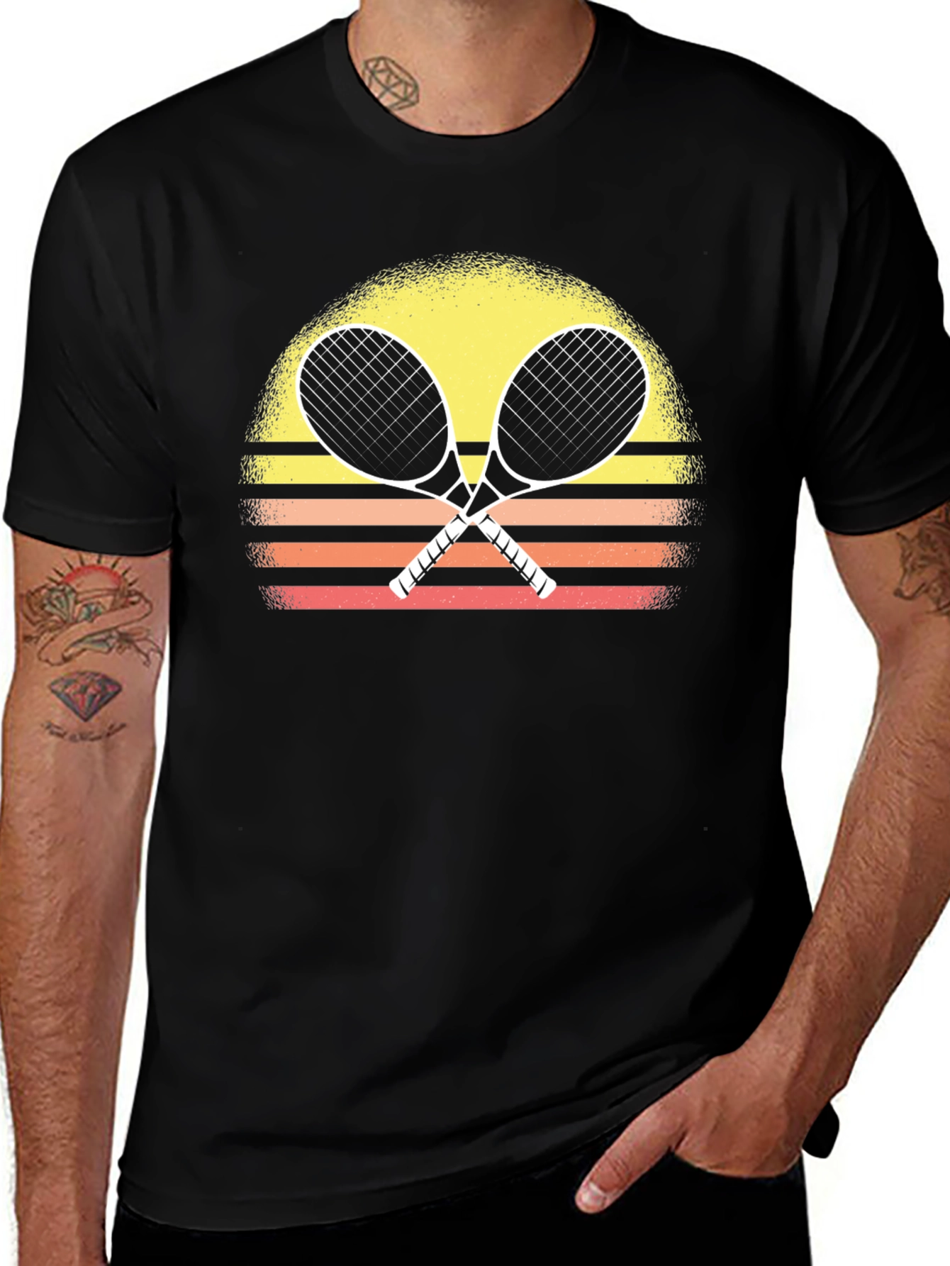 Variant 5 of Retro Tennis Racquet T-Shirt Sunset Design