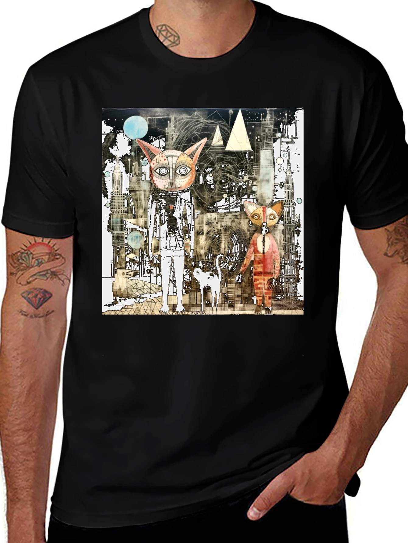 Variant 22 of Abstract Cat Graphic Print Black T-Shirt