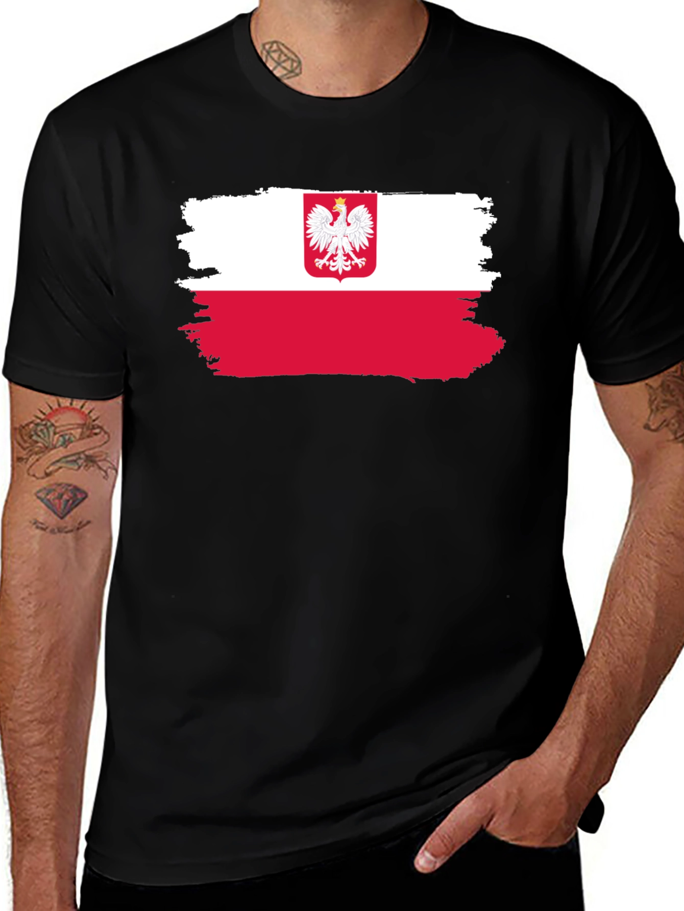 Variant 9 of Poland Flag T-Shirt - Crew Neck, Short Sleeve, Black
