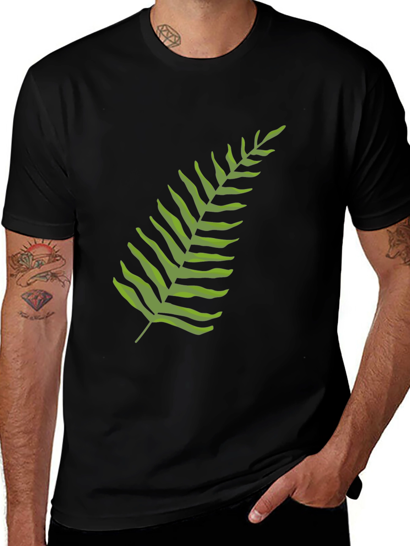 Variant 17 of Black T-Shirt with Green Fern Design