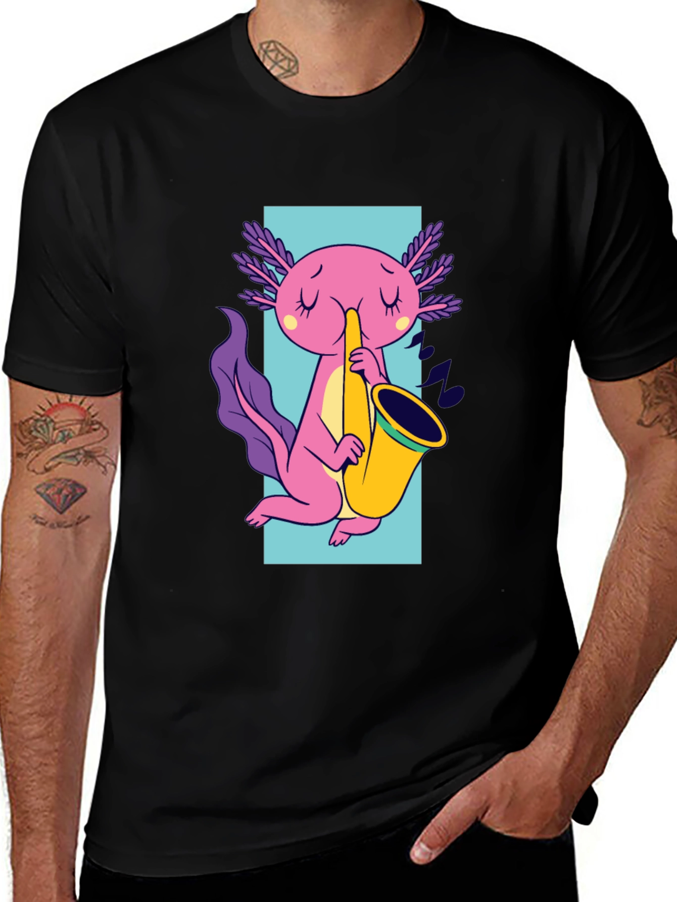 Variant 25 of Axolotl Saxophone T-Shirt - Black Cotton Tee