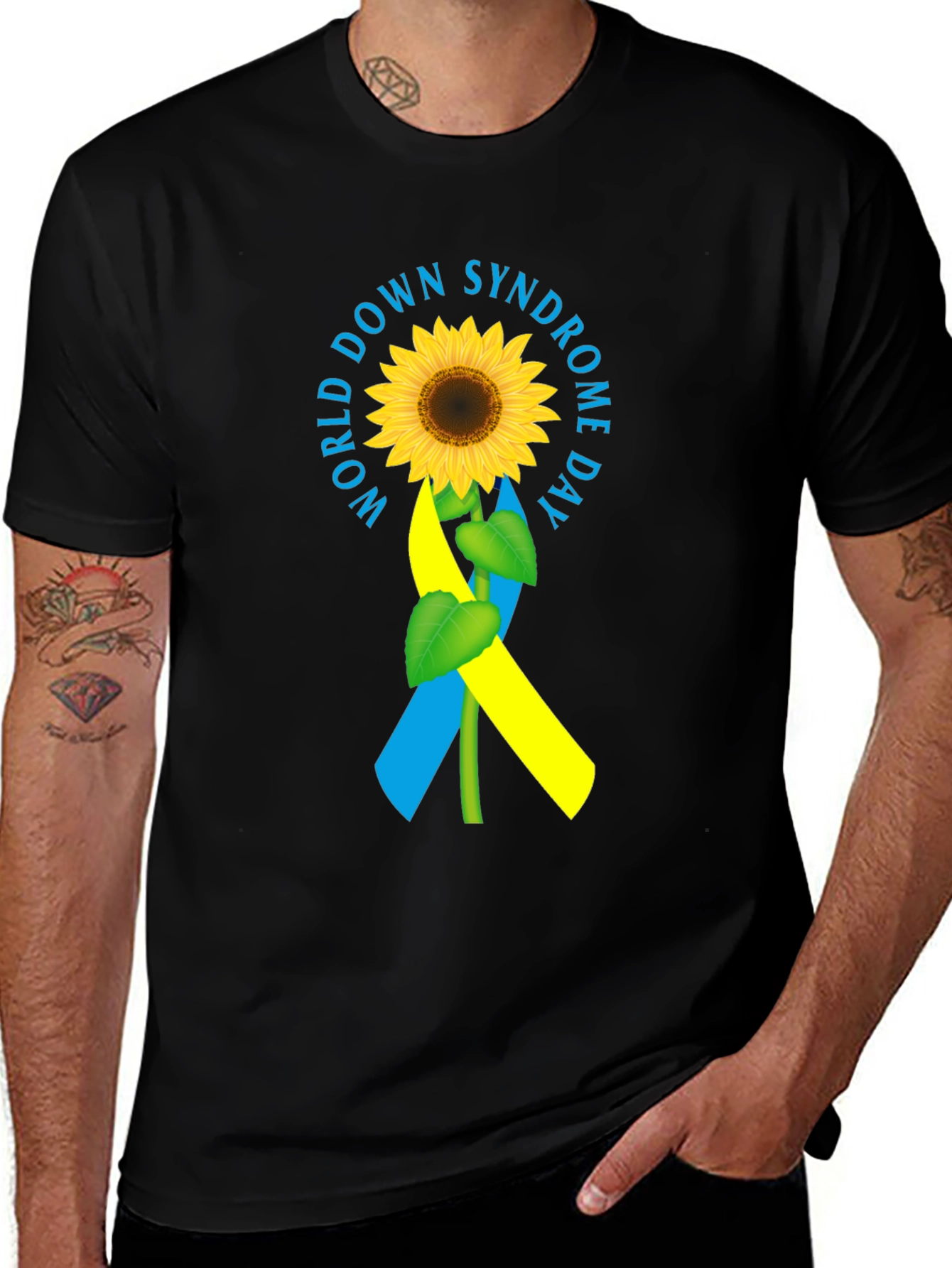 World Down Syndrome Day Sunflower Ribbon Black T-Shirt