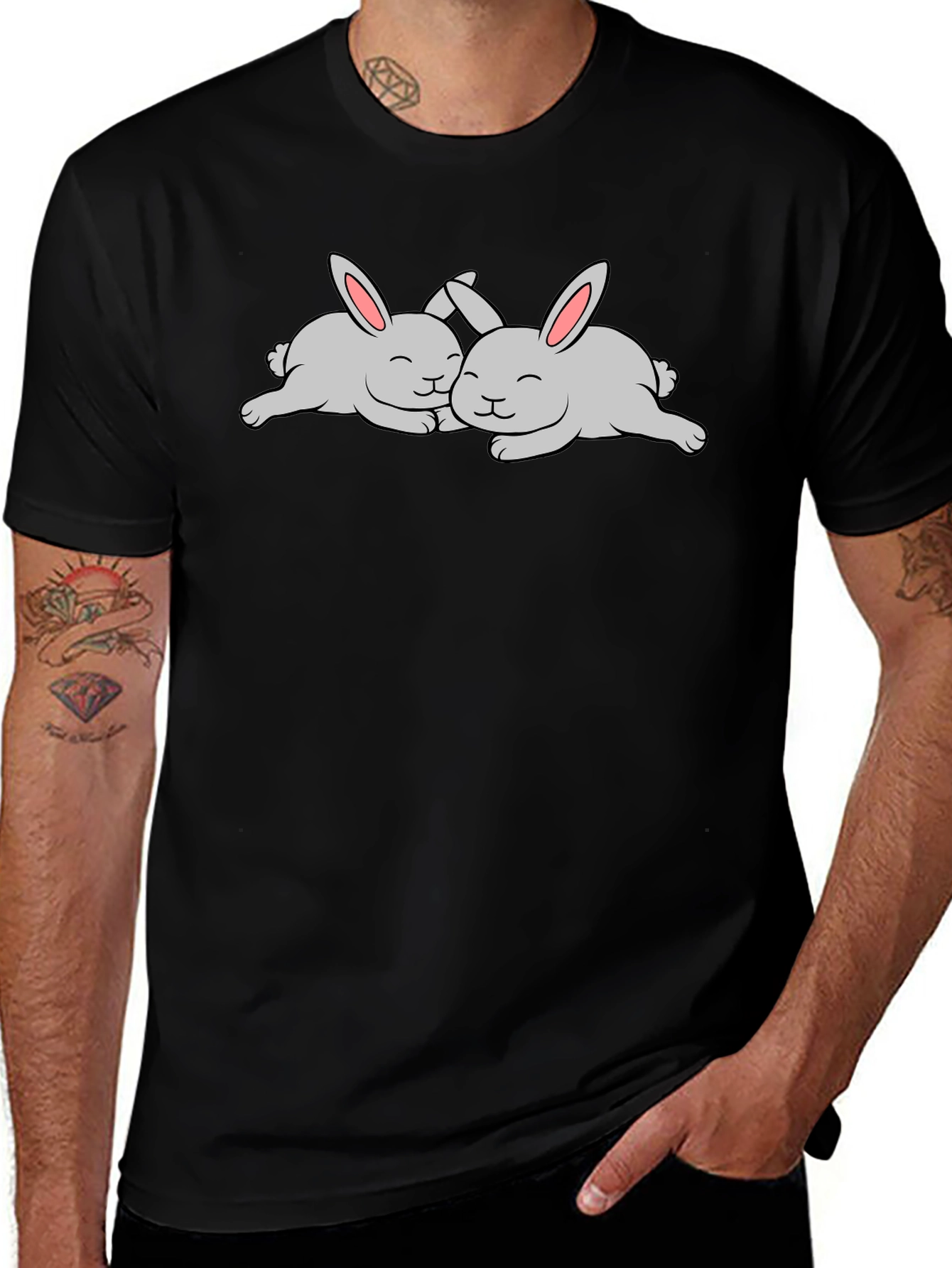 Variant 27 of Cute Rabbits T-Shirt - Black Cotton Tee